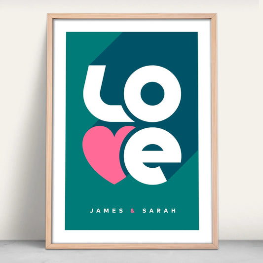 Personalised LOVE Valentines typography art print with names in teal green and pink from Purest Green Prints