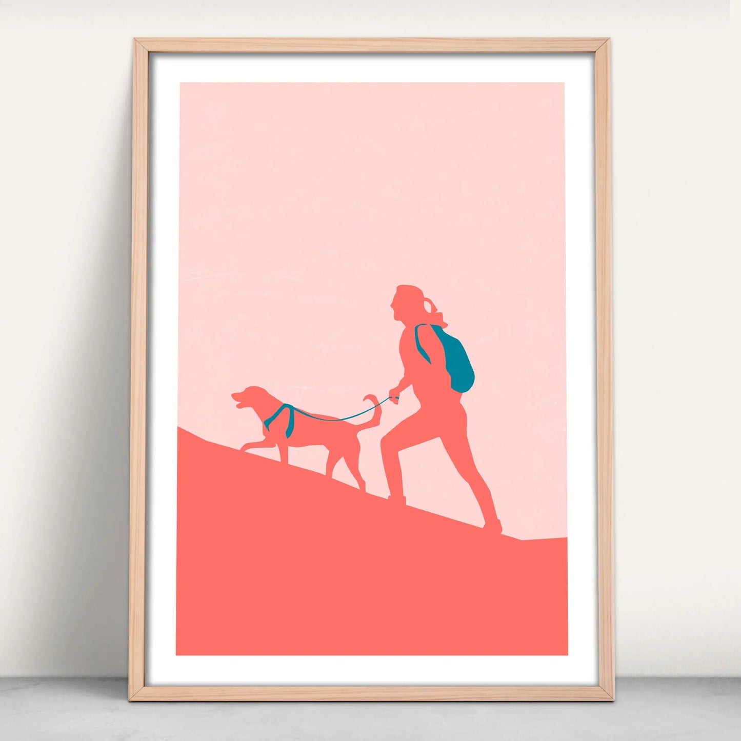 Personalised one woman and her dog hiking art print in pink and blue from Purest Green Prints.