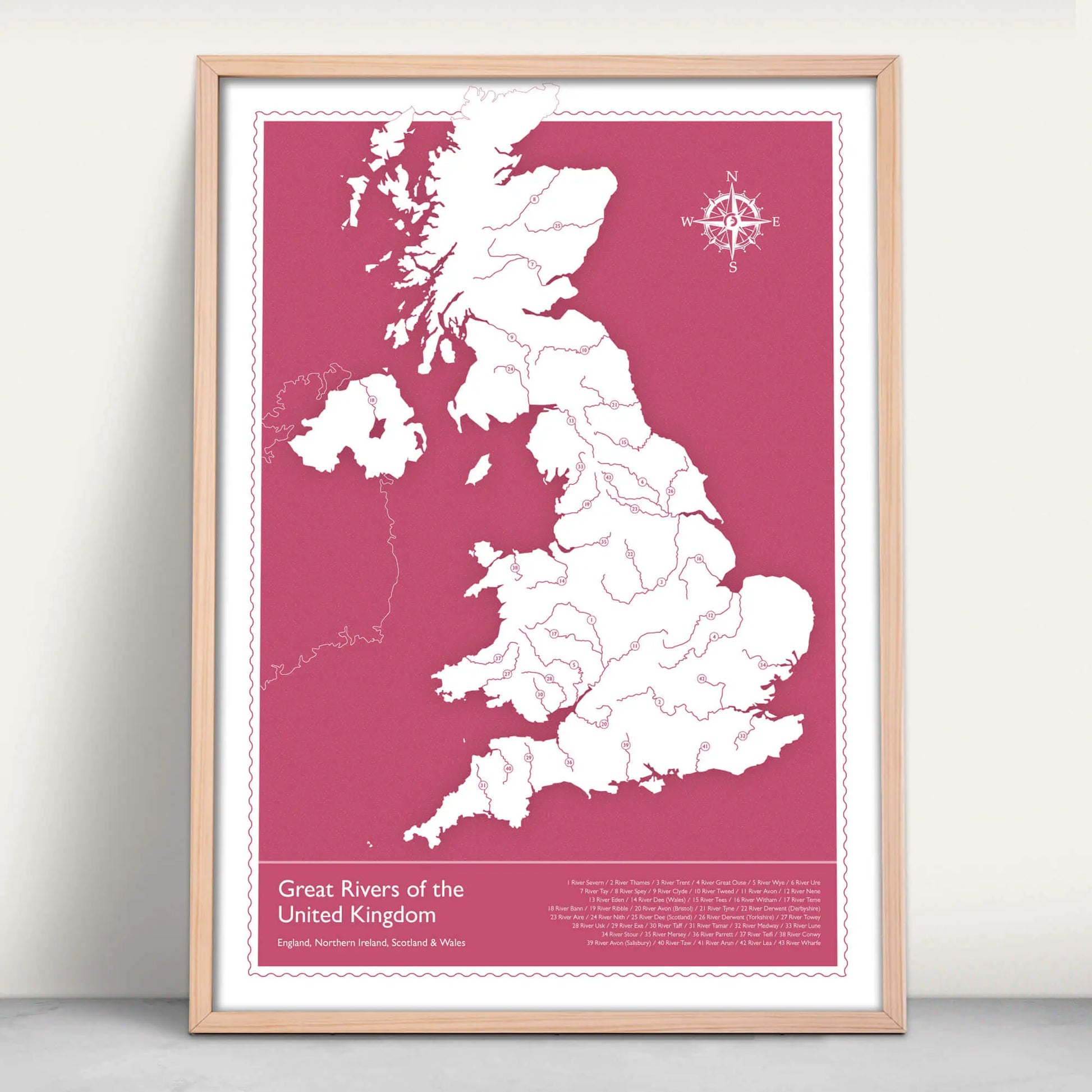 Great Rivers of the United Kingdom Map Art Print in pink from Purest Green Prints