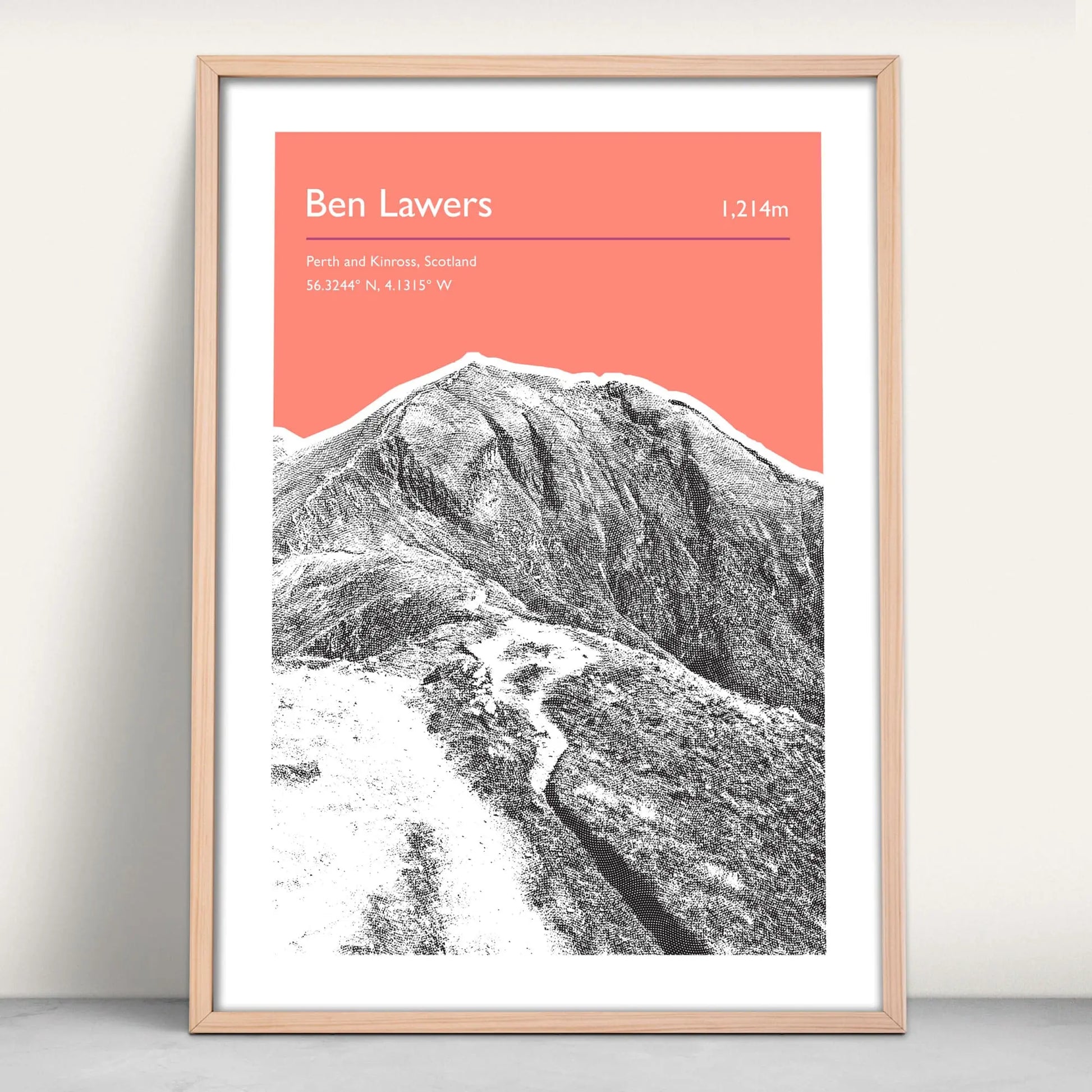 Ben Lawers, Scotland Personalised Mountain Art Print in pink from Purest Green Prints