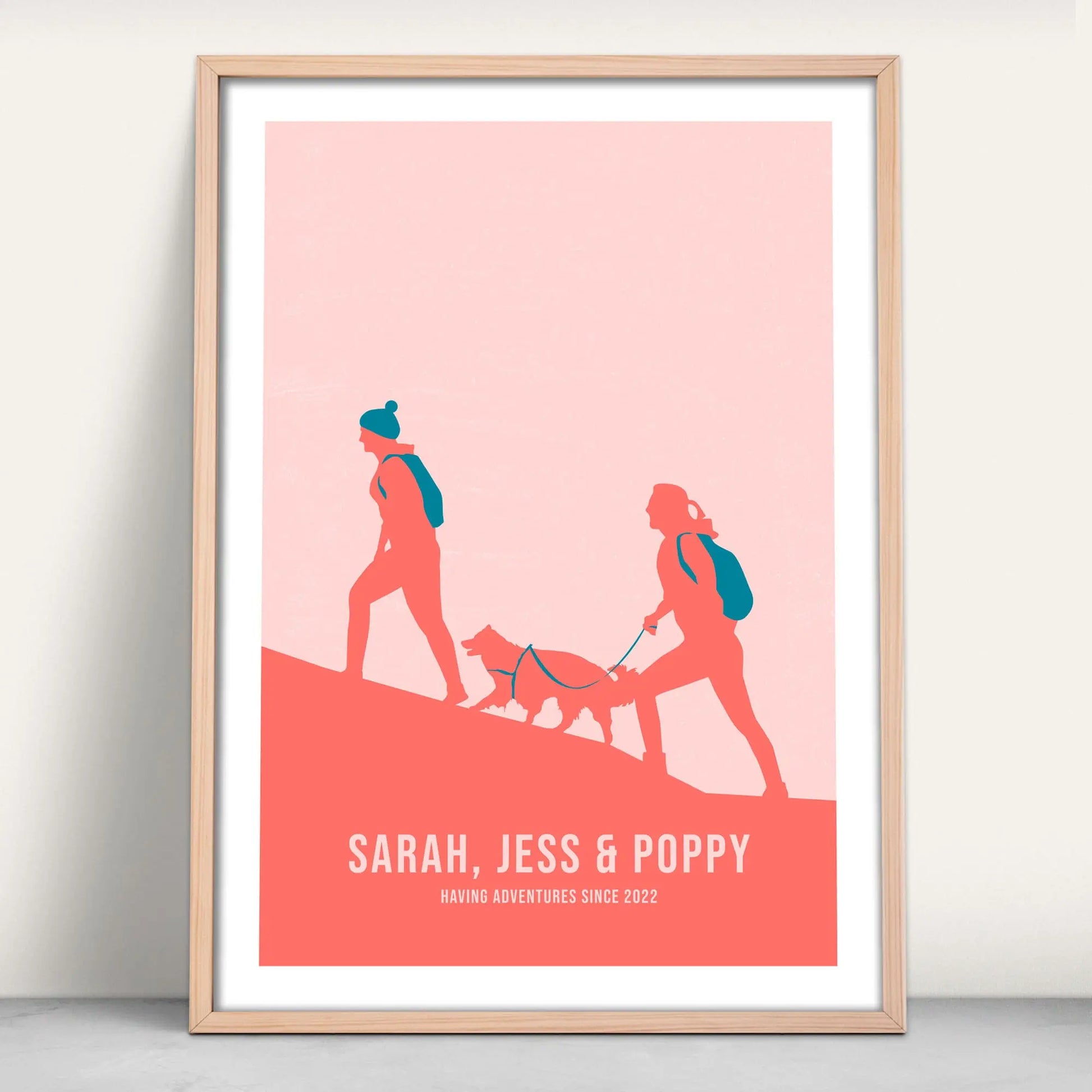 Personalised Couple Hiking Art Print in pink and blue from Purest Green Prints.