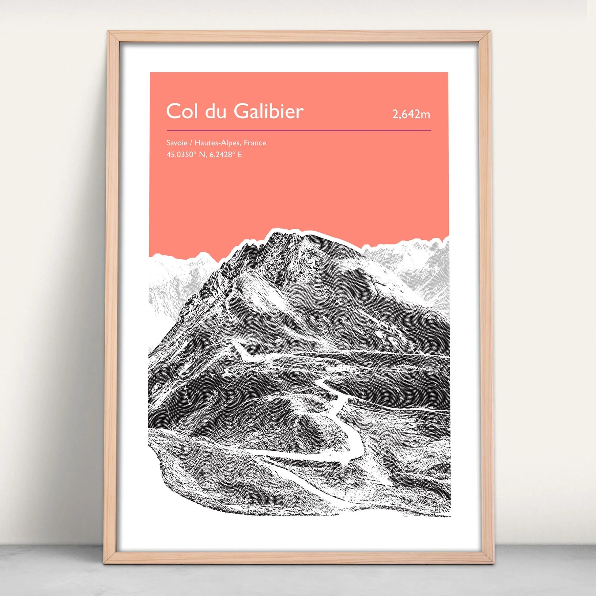 Col du Galibier, France personalised art print in pink from Purest Green Prints