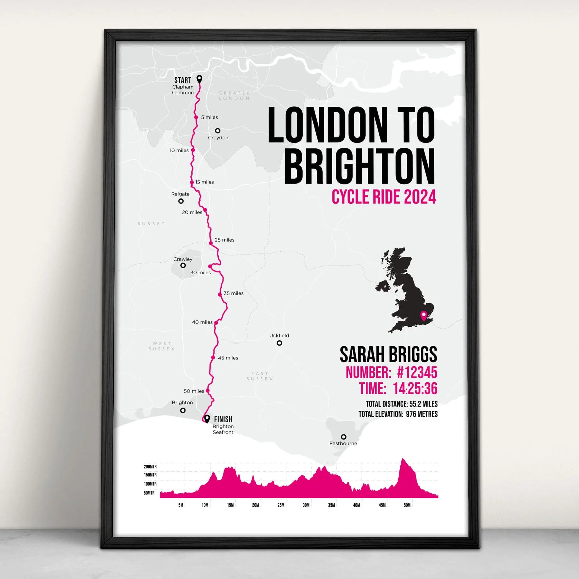 Personalised London to Brighton Cycle Art Print in pink from Purest Green Prints