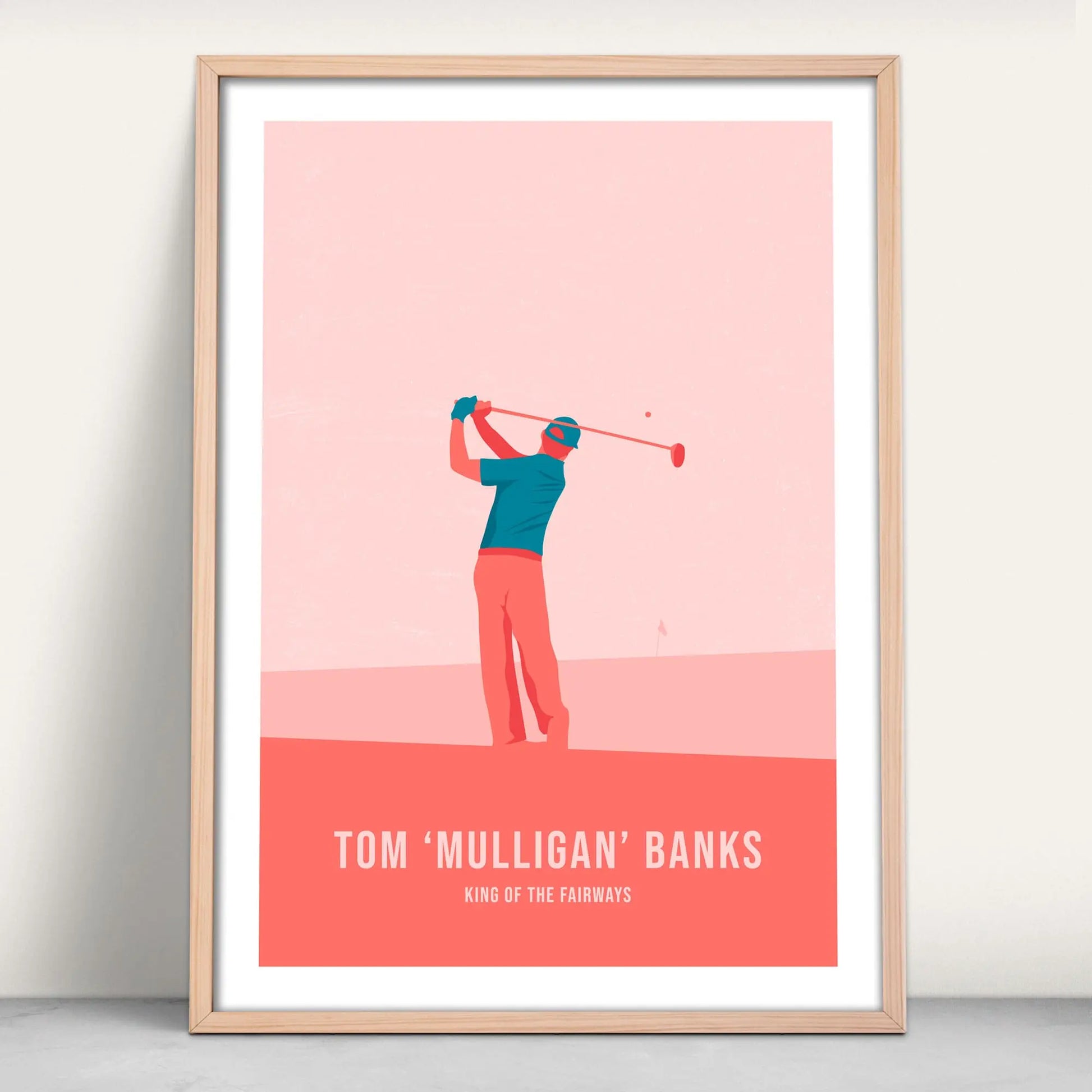 Personalised golfer art print in pink and blue from Purest Green Prints.