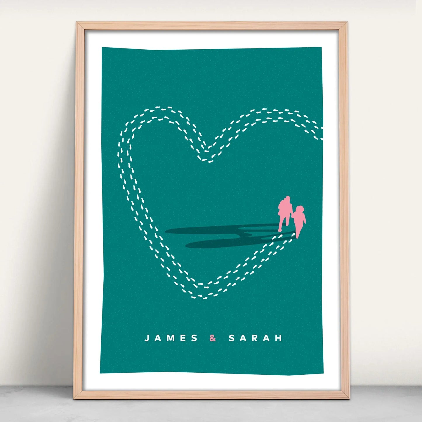 Personalised Walking Heart Valentines Love Wall Art Print with names in teal and pink from Purest Green Prints