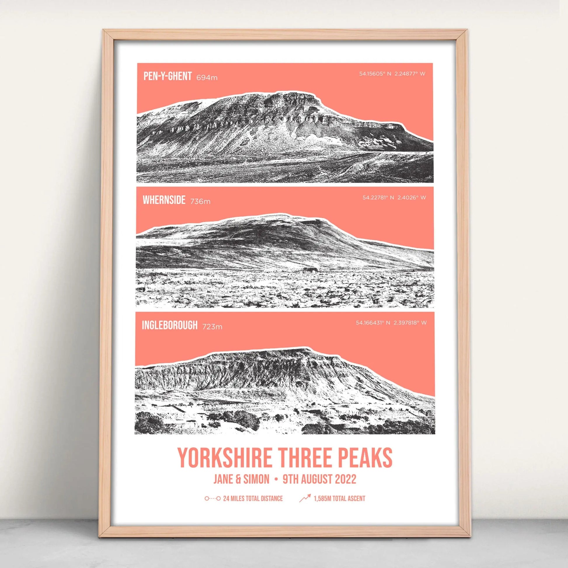 Personalised Yorkshire Three Peak Challenge Art Print in pink from Purest Green Prints