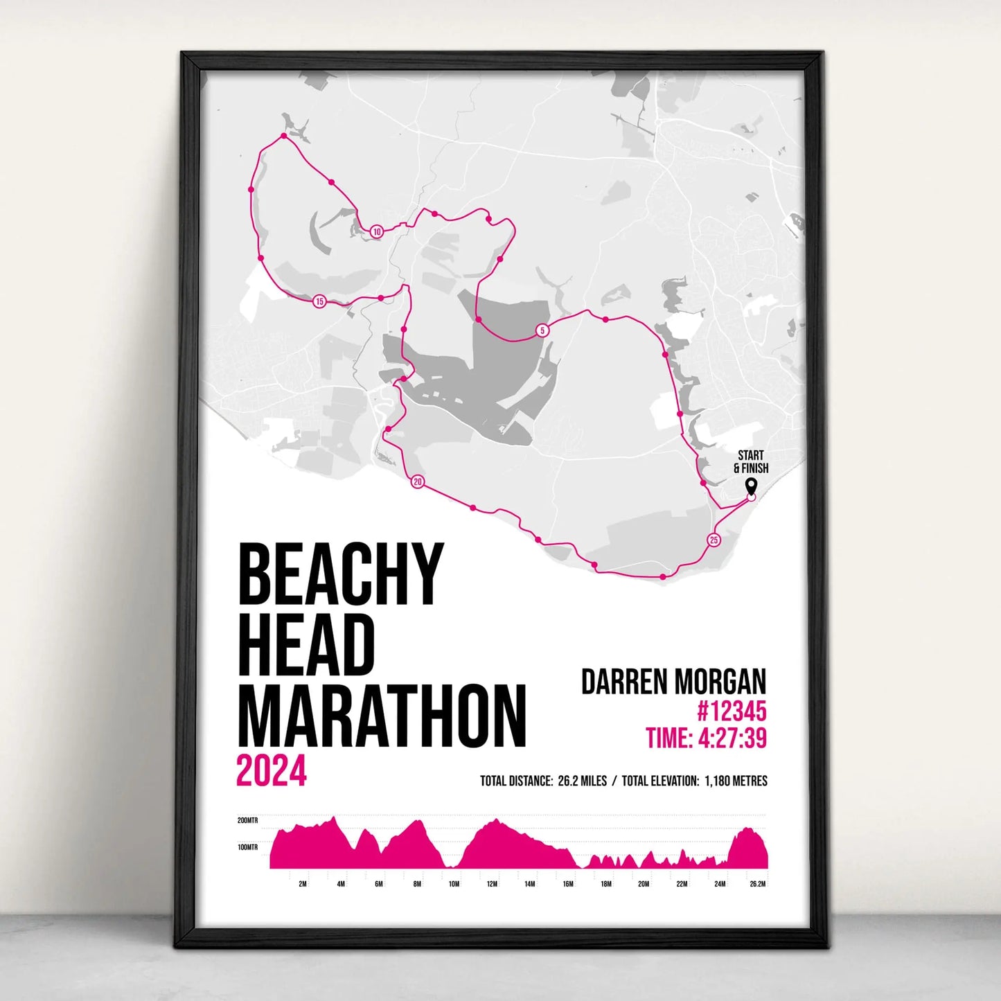 Personalised Beachy Head Marathon route map print in pink from Purest Green Prints.