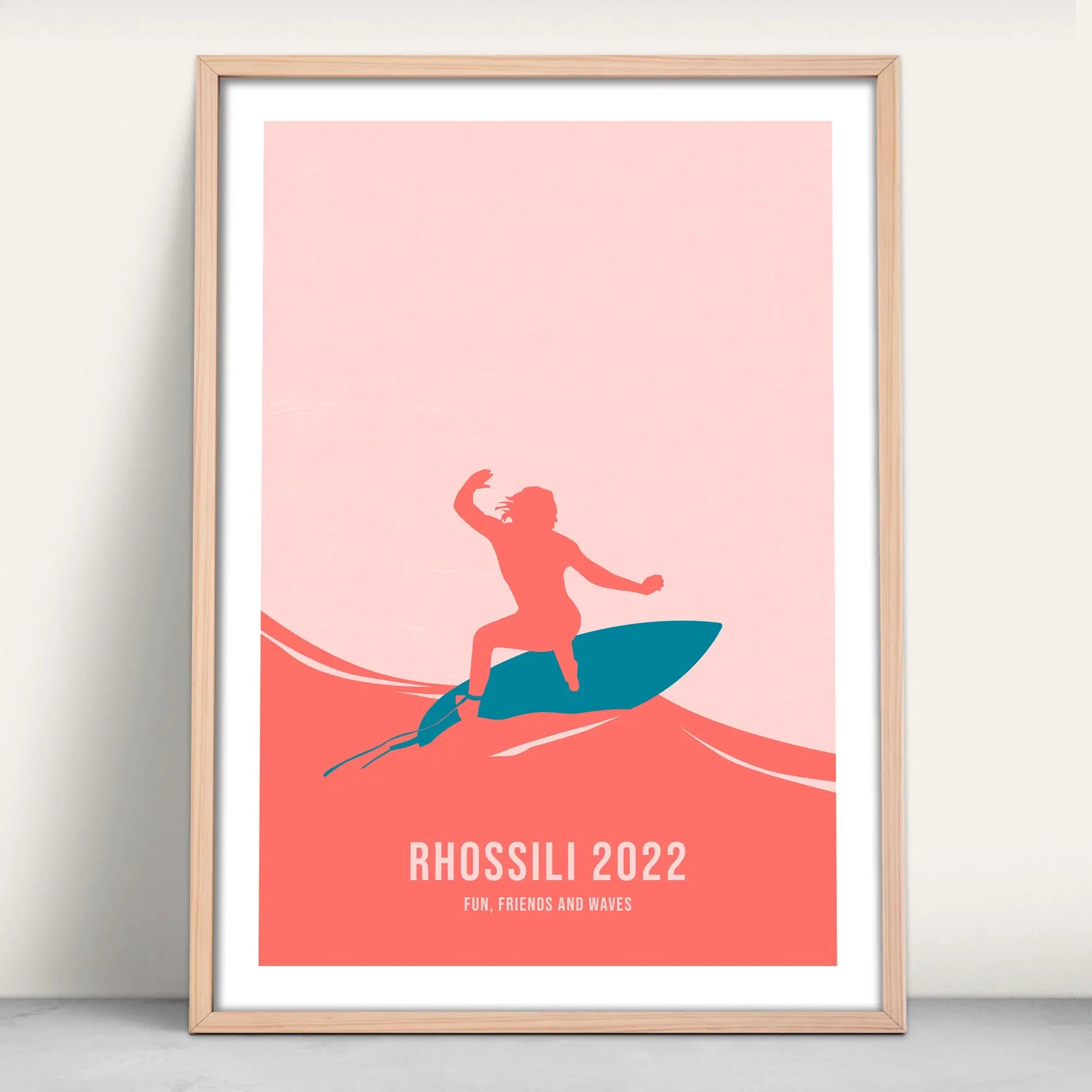 Personalised Surfing Art Print in pink and blue from Purest Green Prints.