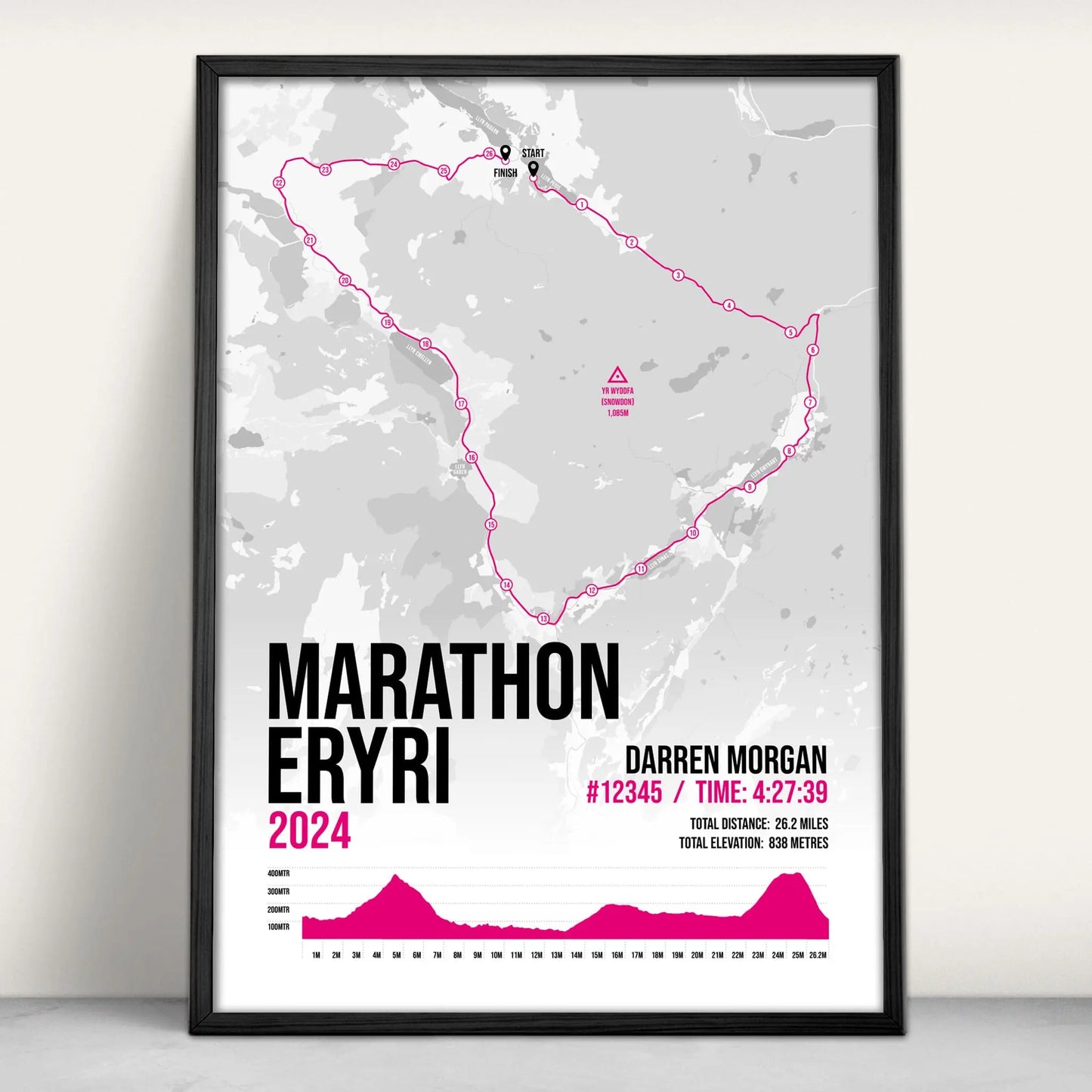 Personalised marathon Eryri Snowdonia Art Print in pink from Purest Green Prints