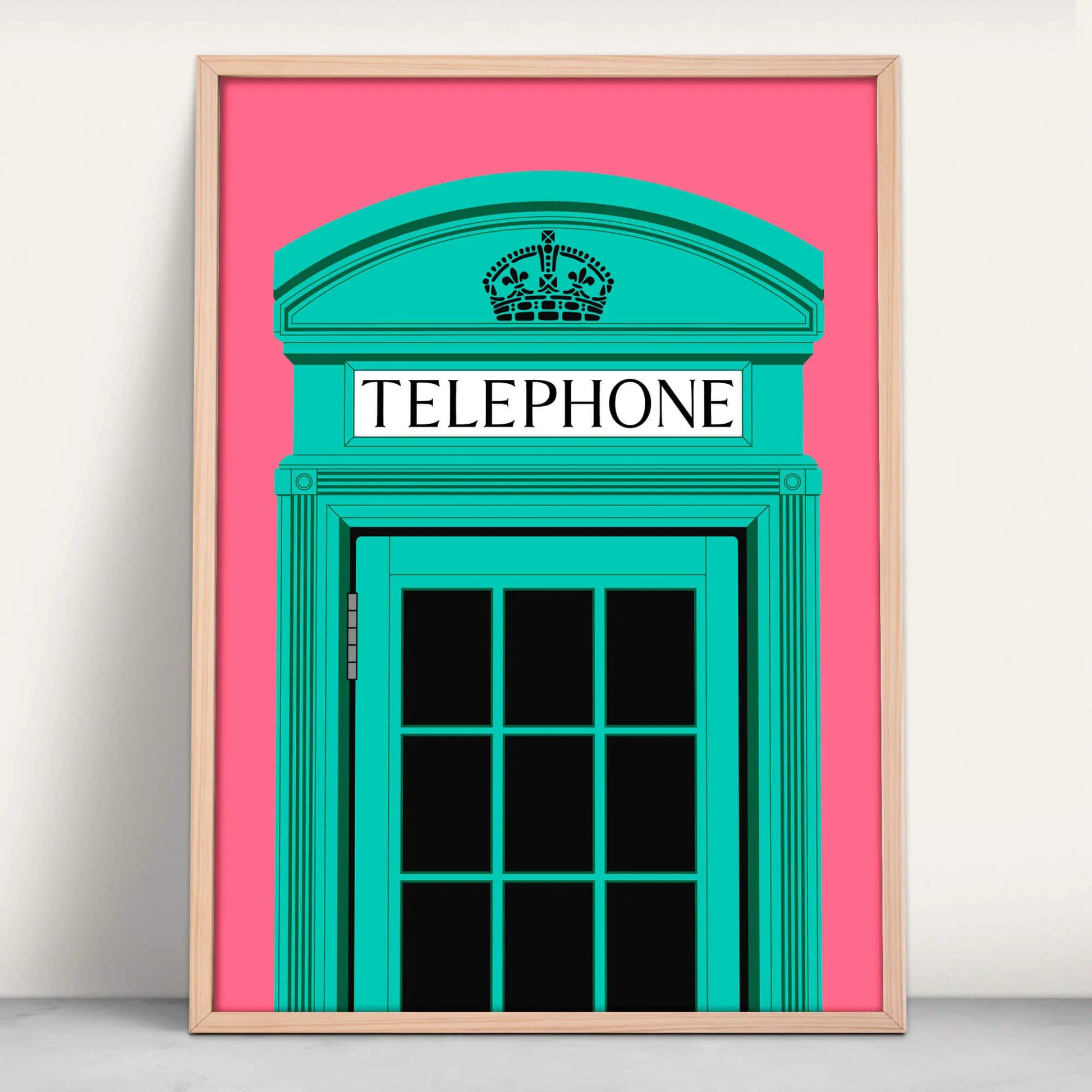 UK Telephone Box Art Print in pink and teal from Purest Green Prints