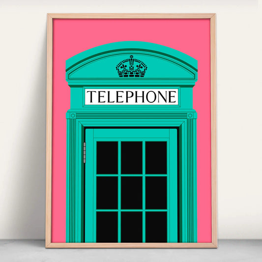 UK Telephone Box Art Print in pink and teal from Purest Green Prints