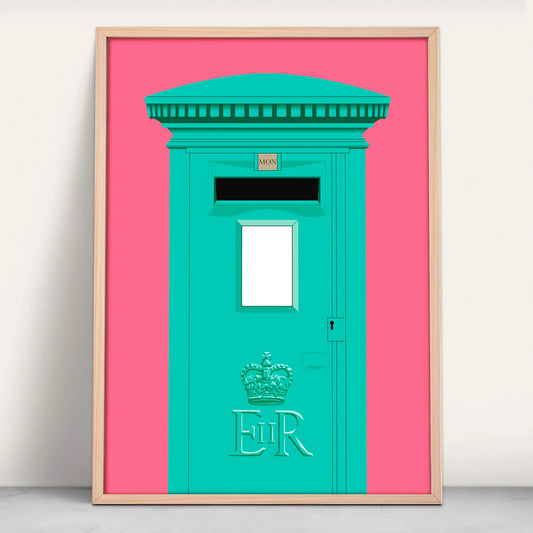 UK post Box Art Print in pink and teal from Purest Green Prints