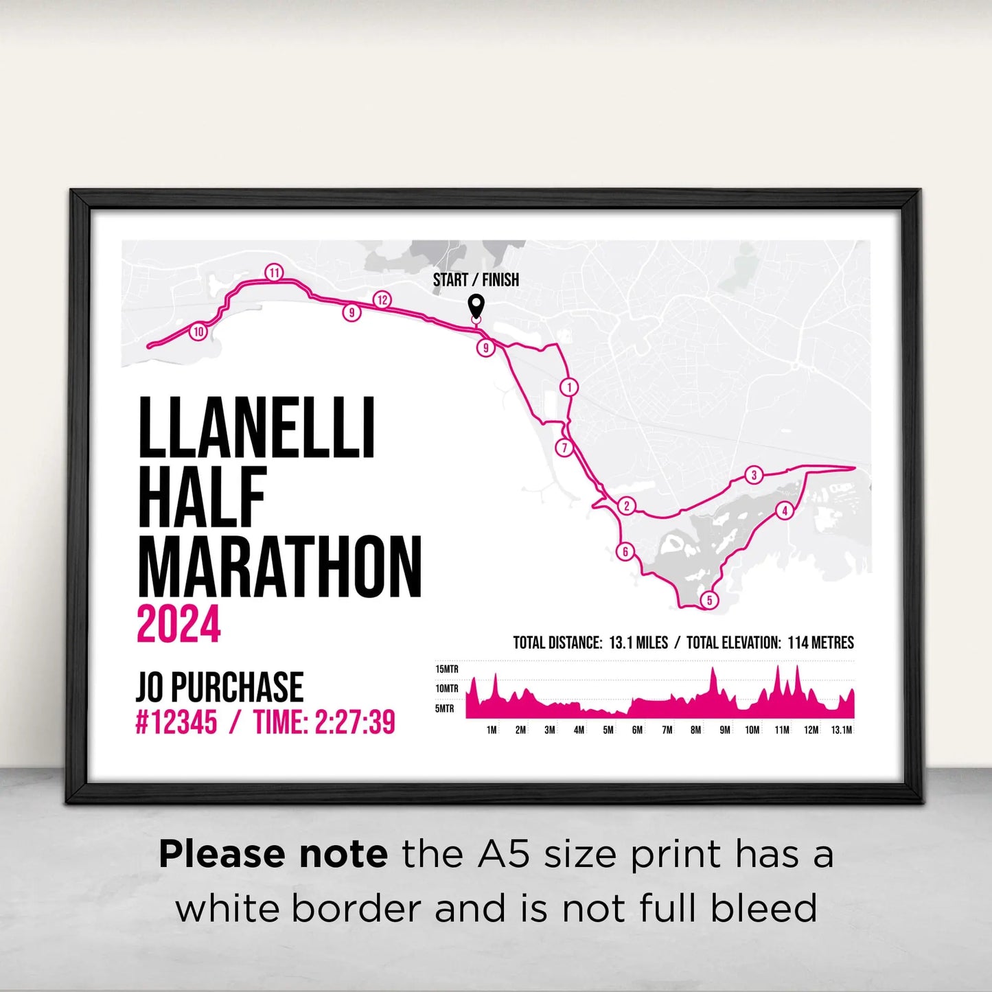 Llanelli Half Marathon Art Print in pink from Purest Green Prints. Please note the A5 size has a white border and is not full bleed.