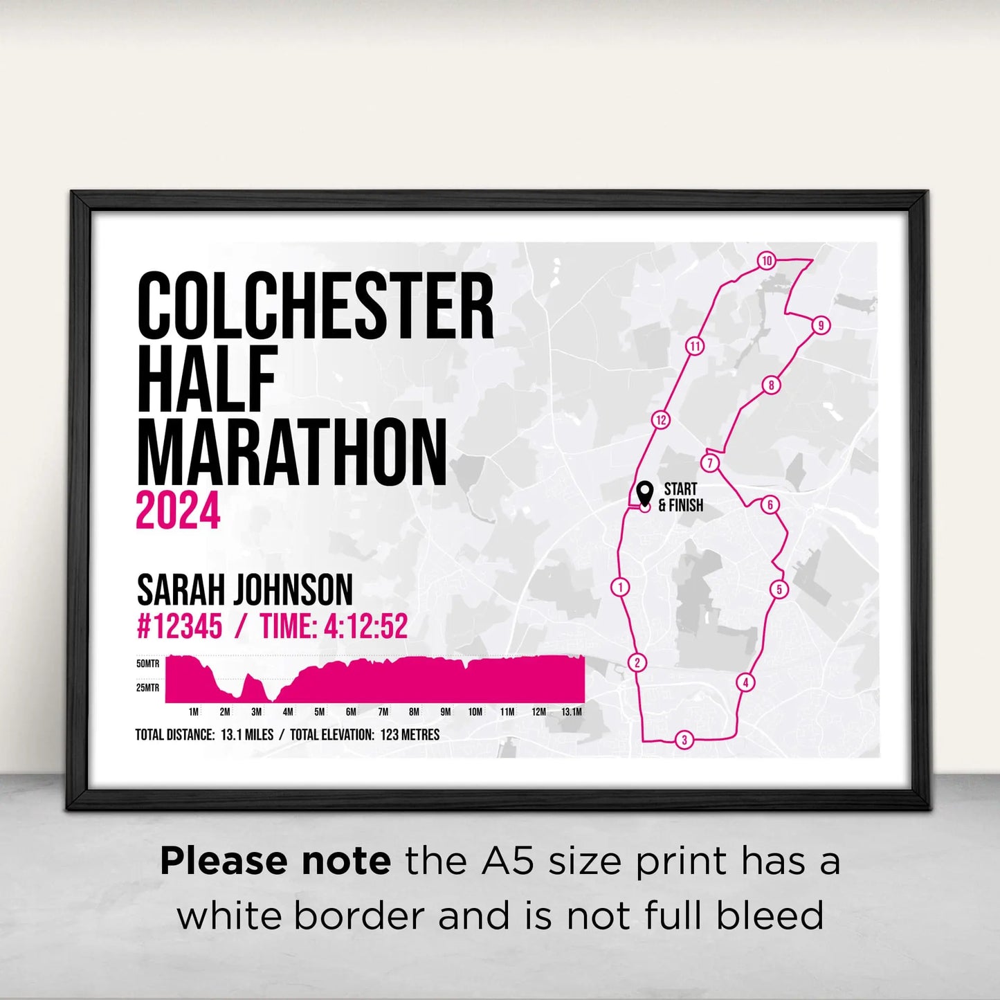 Personalised Colchester Half Marathon Art Print in pink from Purest Green Prints. Please note the A5 size has a white border and is not full bleed.