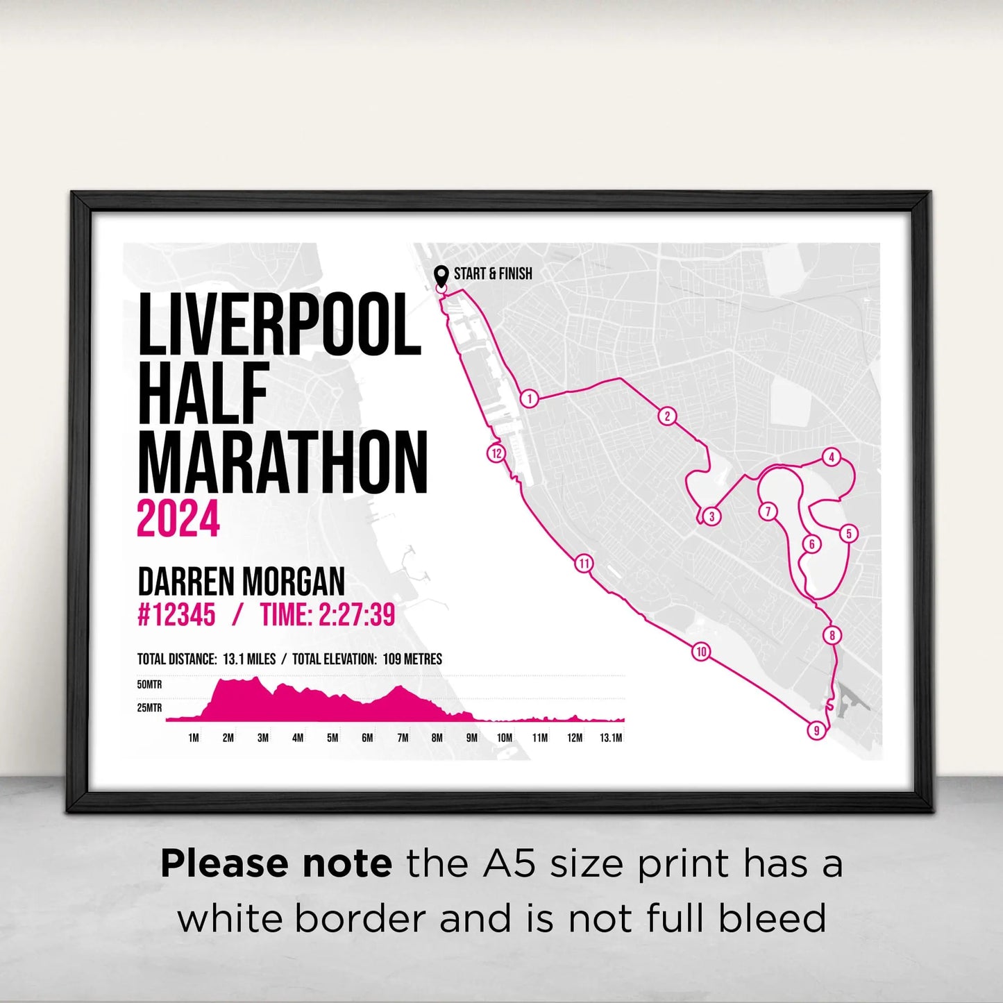 Liverpool Half Marathon Art Print in pink from Purest Green Prints. Please note the A5 size has a white border and is not full bleed.