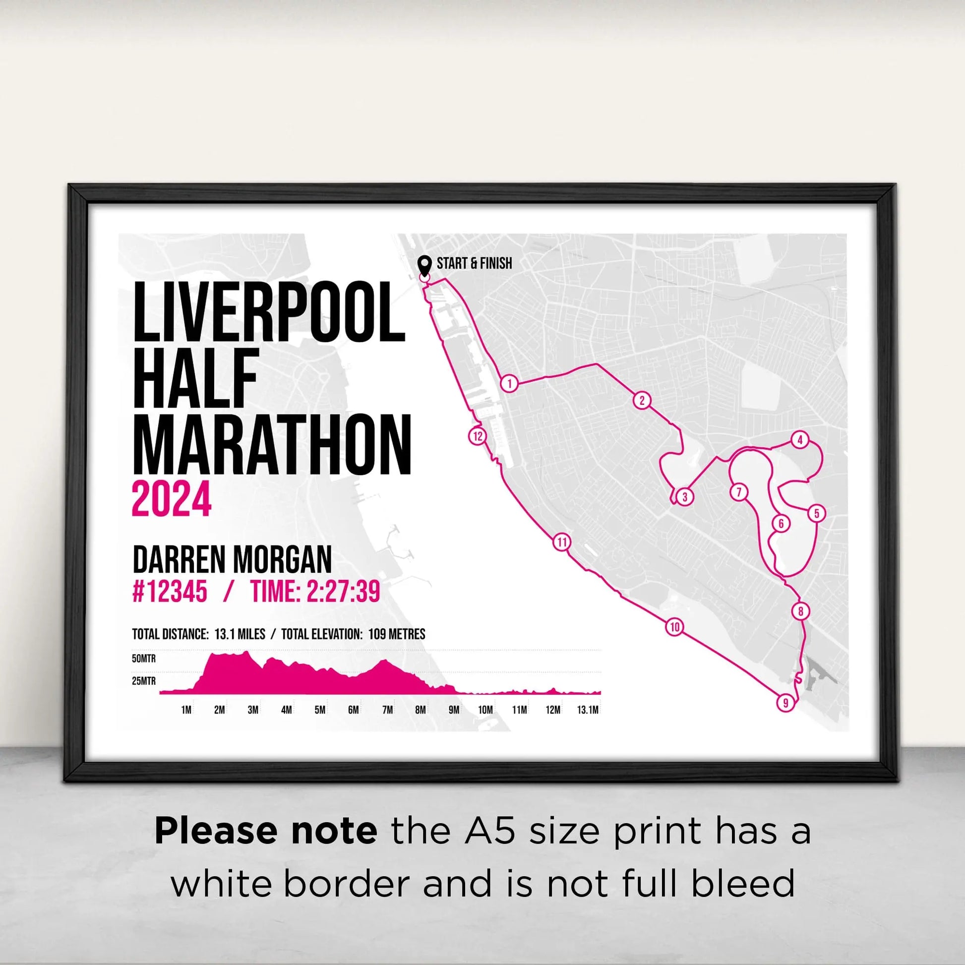 Liverpool Half Marathon Art Print in pink from Purest Green Prints. Please note the A5 size has a white border and is not full bleed.