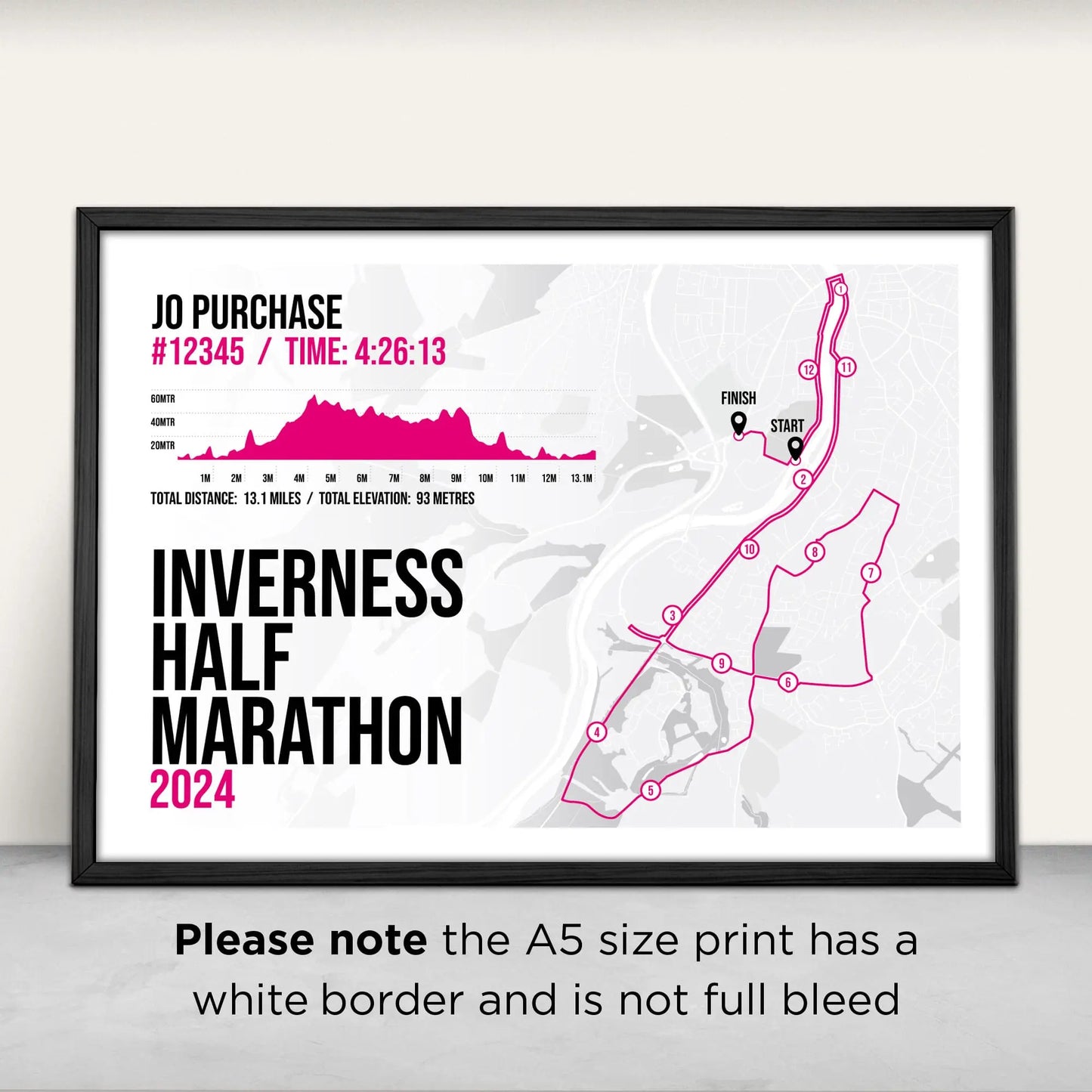 Personalised Inverness Half Marathon Art Print in pink from Purest Green Prints. Please note the A5 size has a white border and is not full bleed.