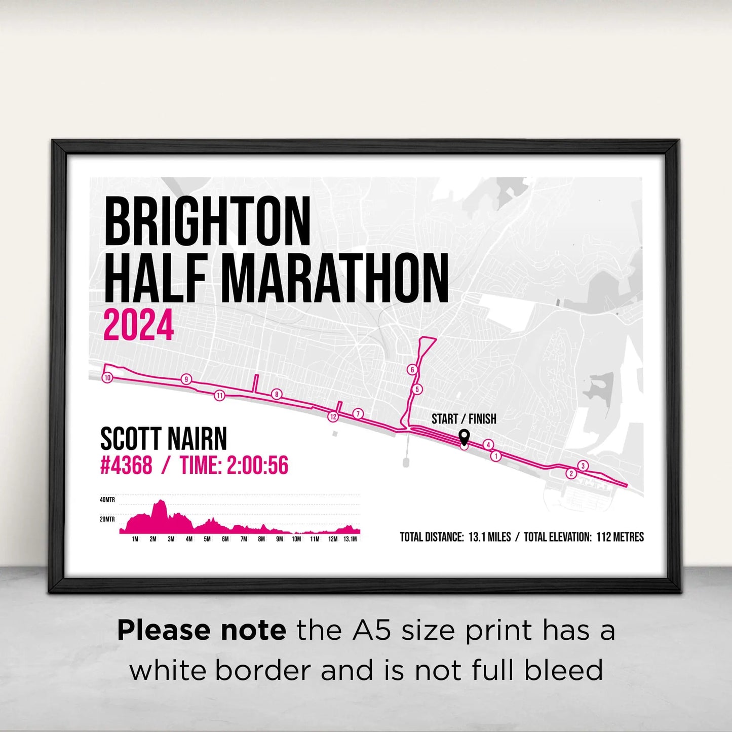 Brighton Half Marathon Personalised Art Print in pink from Purest Green Prints. Please note the A5 size has a white border and is not full bleed.