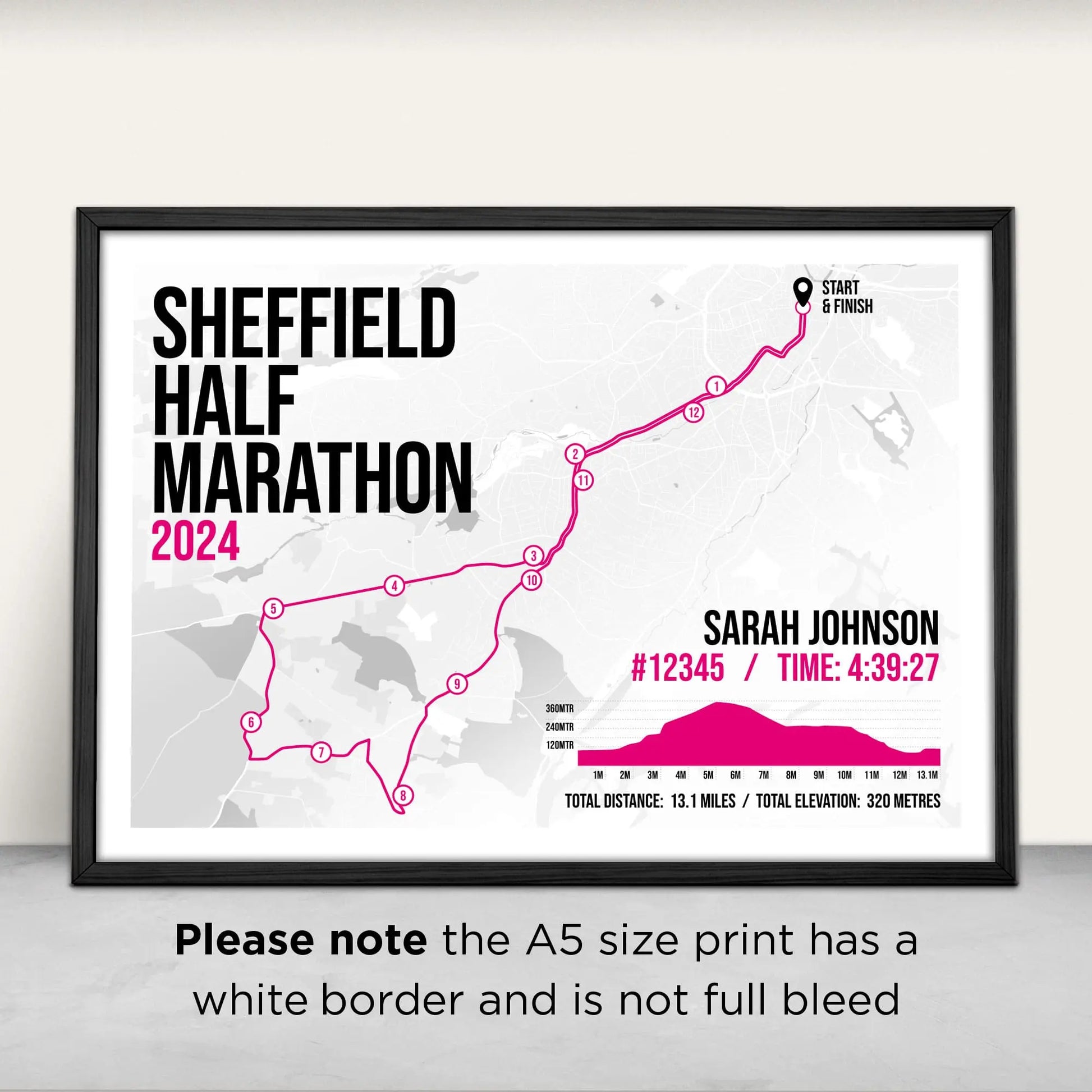 Sheffield Half Marathon Art Print in pink from Purest Green Prints. Please note the A5 size has a white border and is not full bleed.