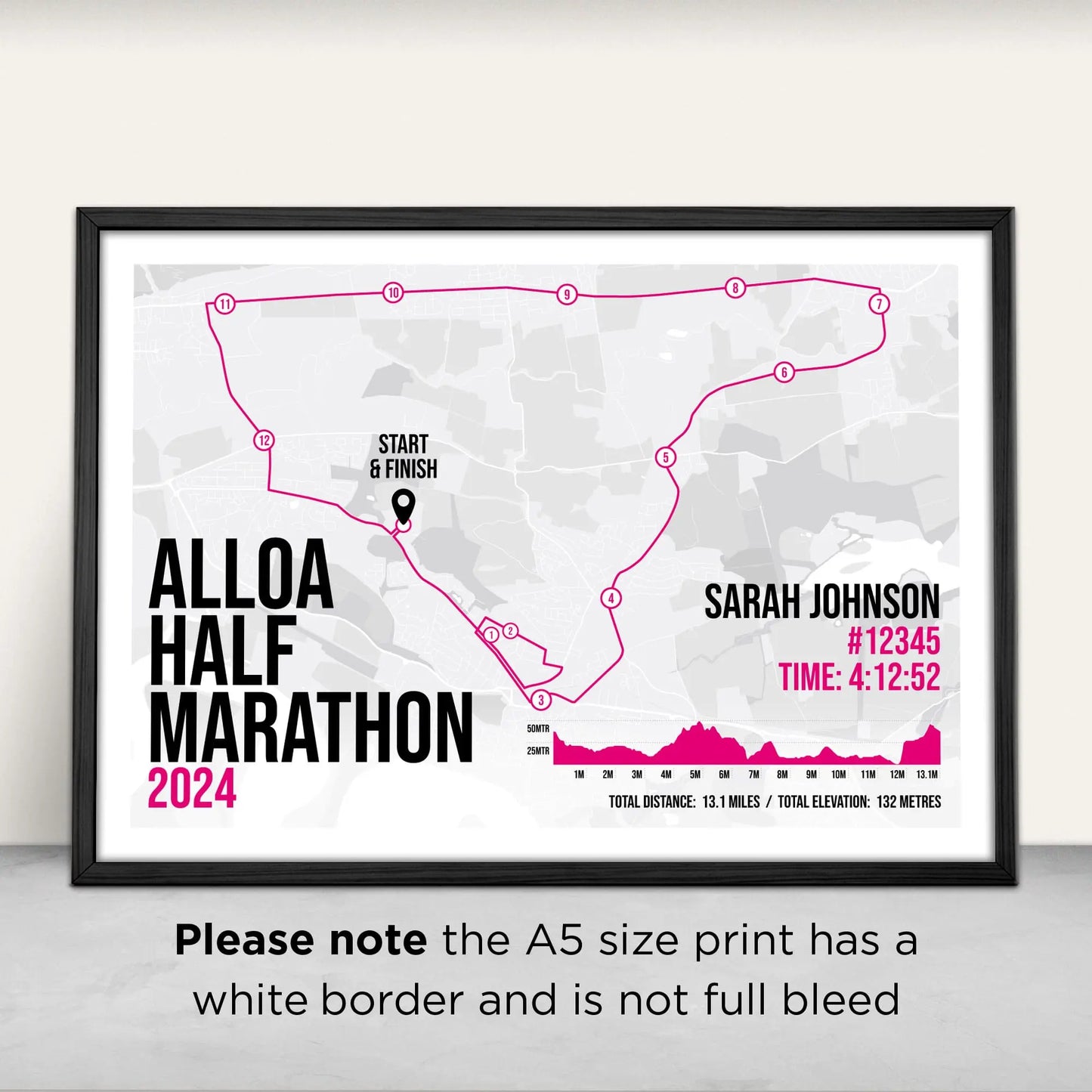 Personalised Alloa Half Marathon Art Print in pink from Purest Green Prints. Please note the A5 size has a white border and is not full bleed.