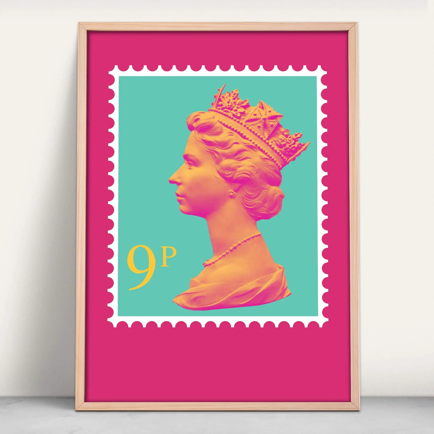 Queen Elizabeth II UK Postage Stamp Art Print in pink and mint from Purest Green Prints