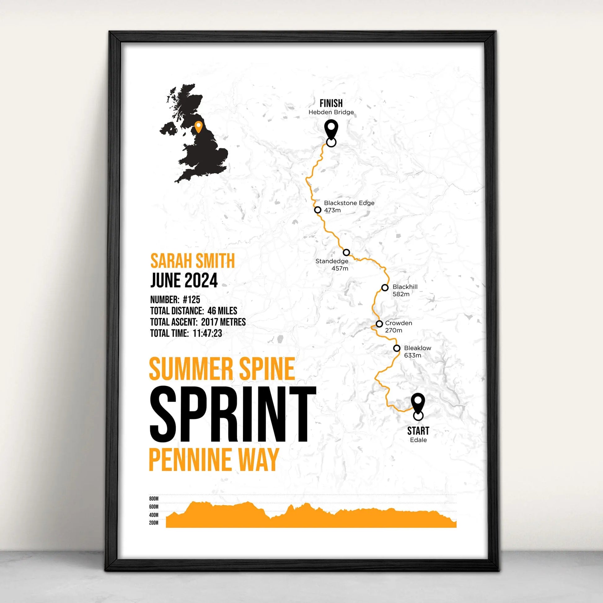 The Spine Race Sprint Personalised Art Print in orange from Purest Green Prints