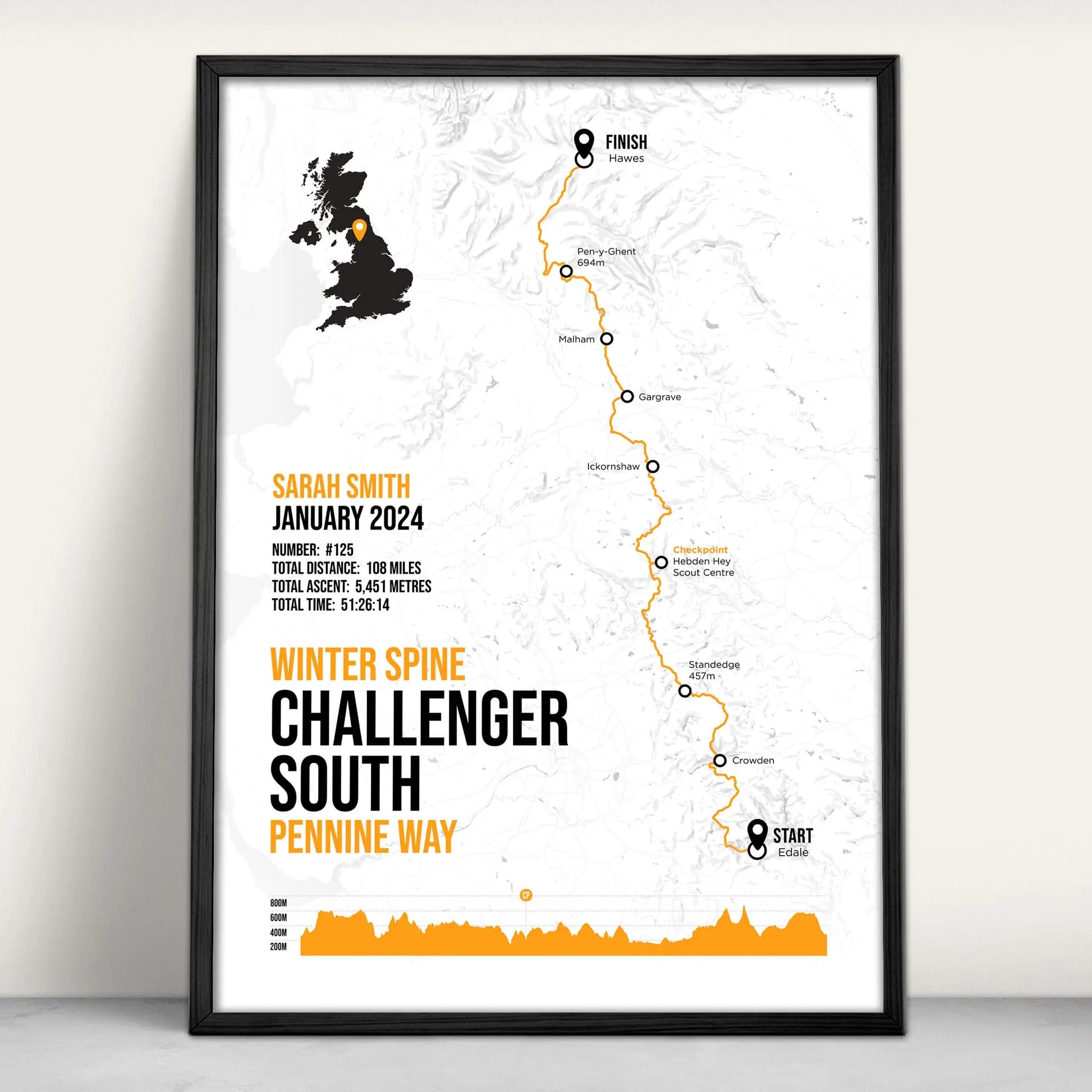 The Spine Race Challenger South Personalised Art Print in orange from Purest Green Prints