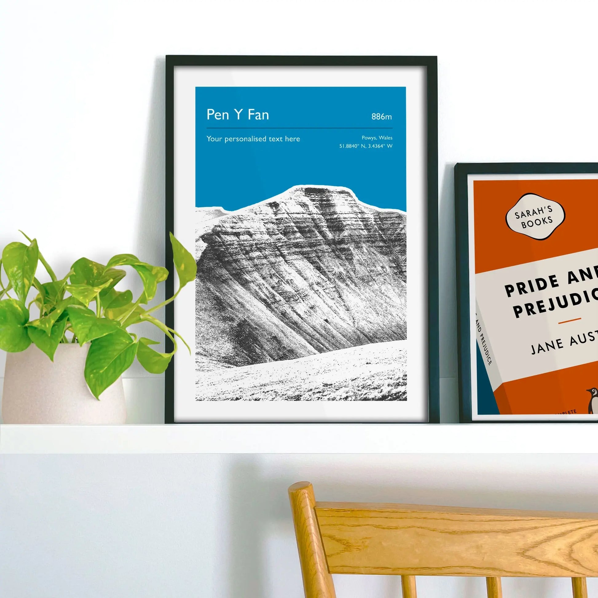 Framed picture on shelf beside a houseplant and another print.