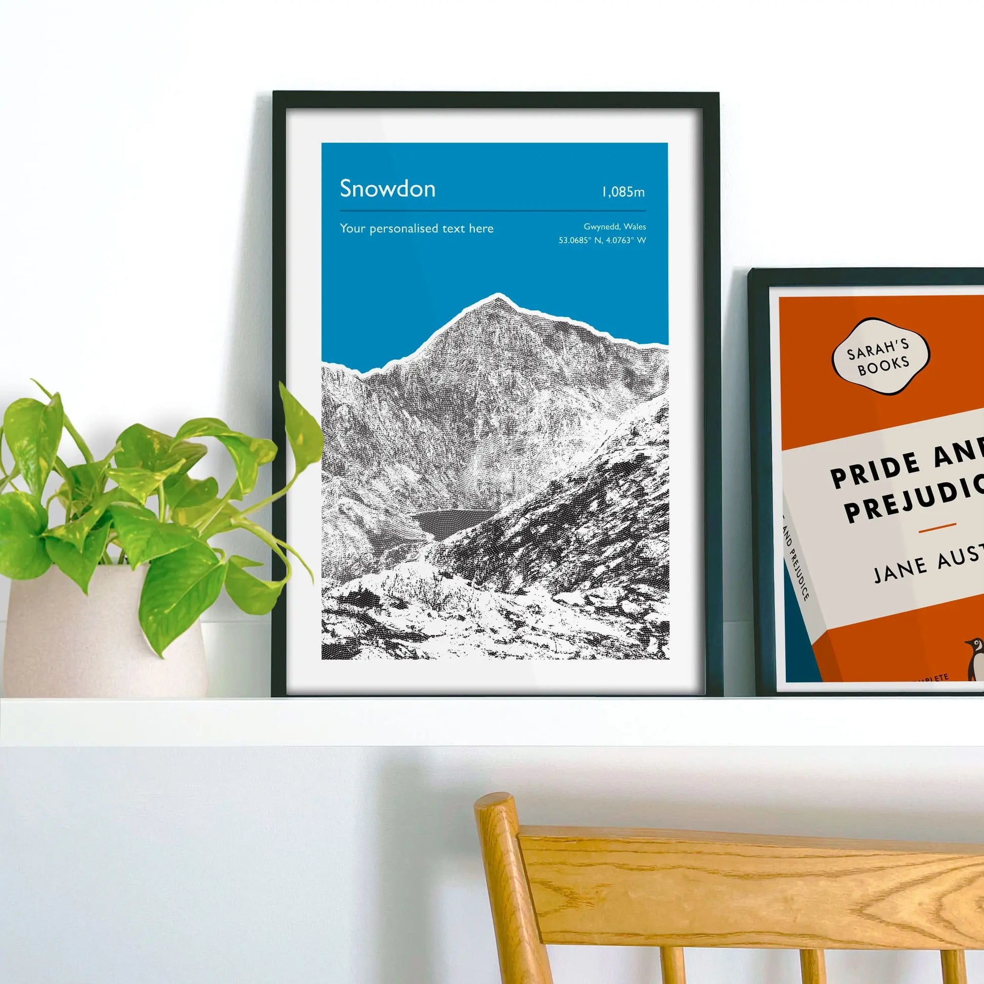 Framed picture on shelf beside a houseplant and another print.