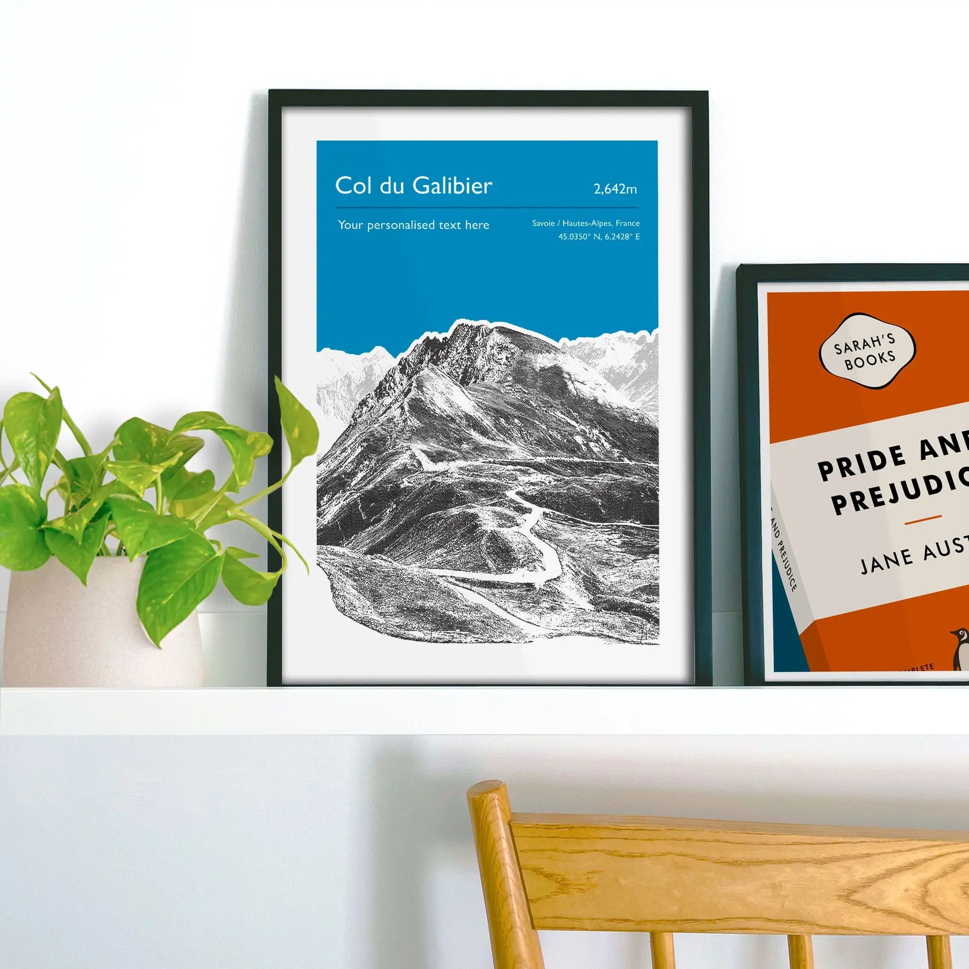 Framed picture on shelf beside a houseplant and another print.