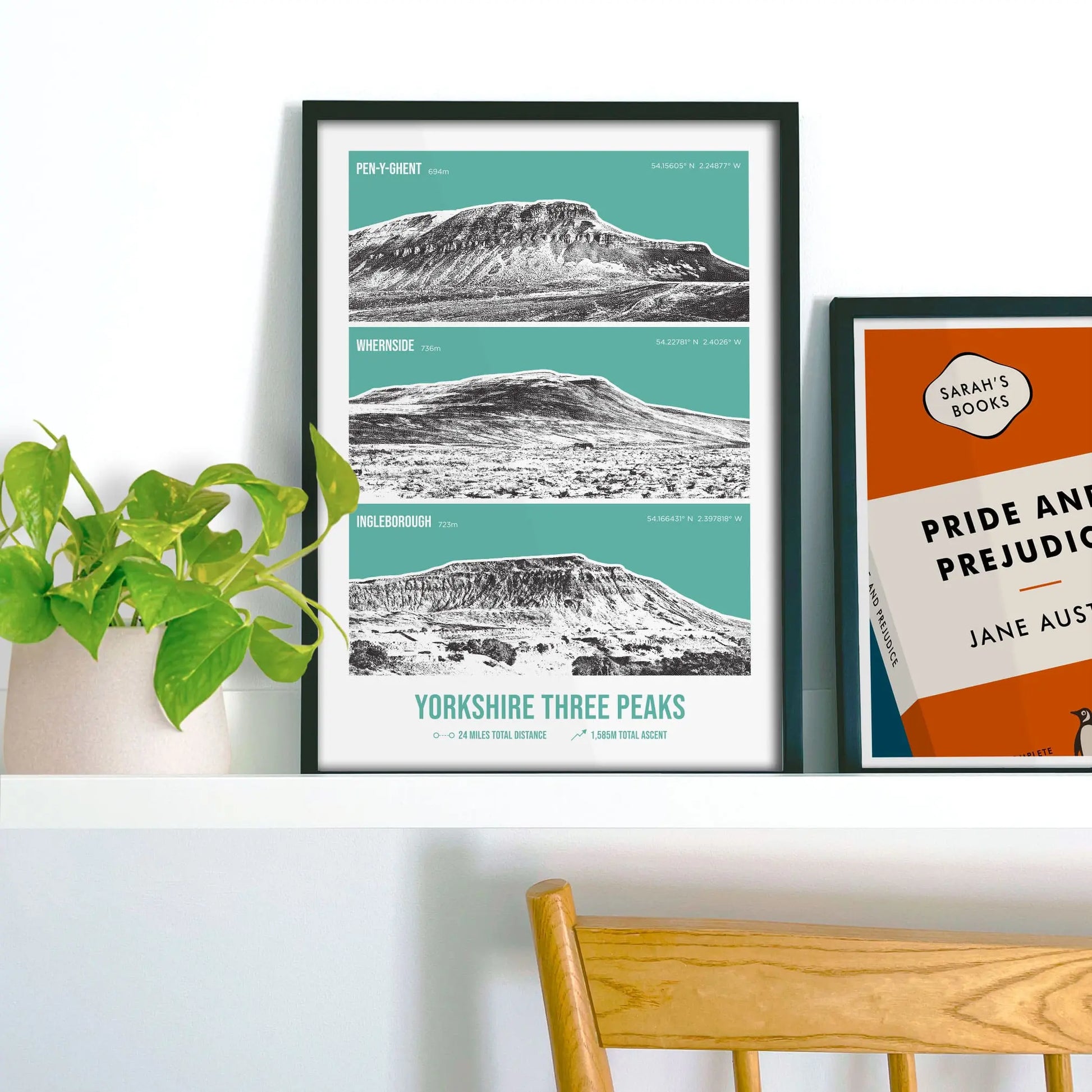 Framed print on shelf beside houseplant and another framed picture.