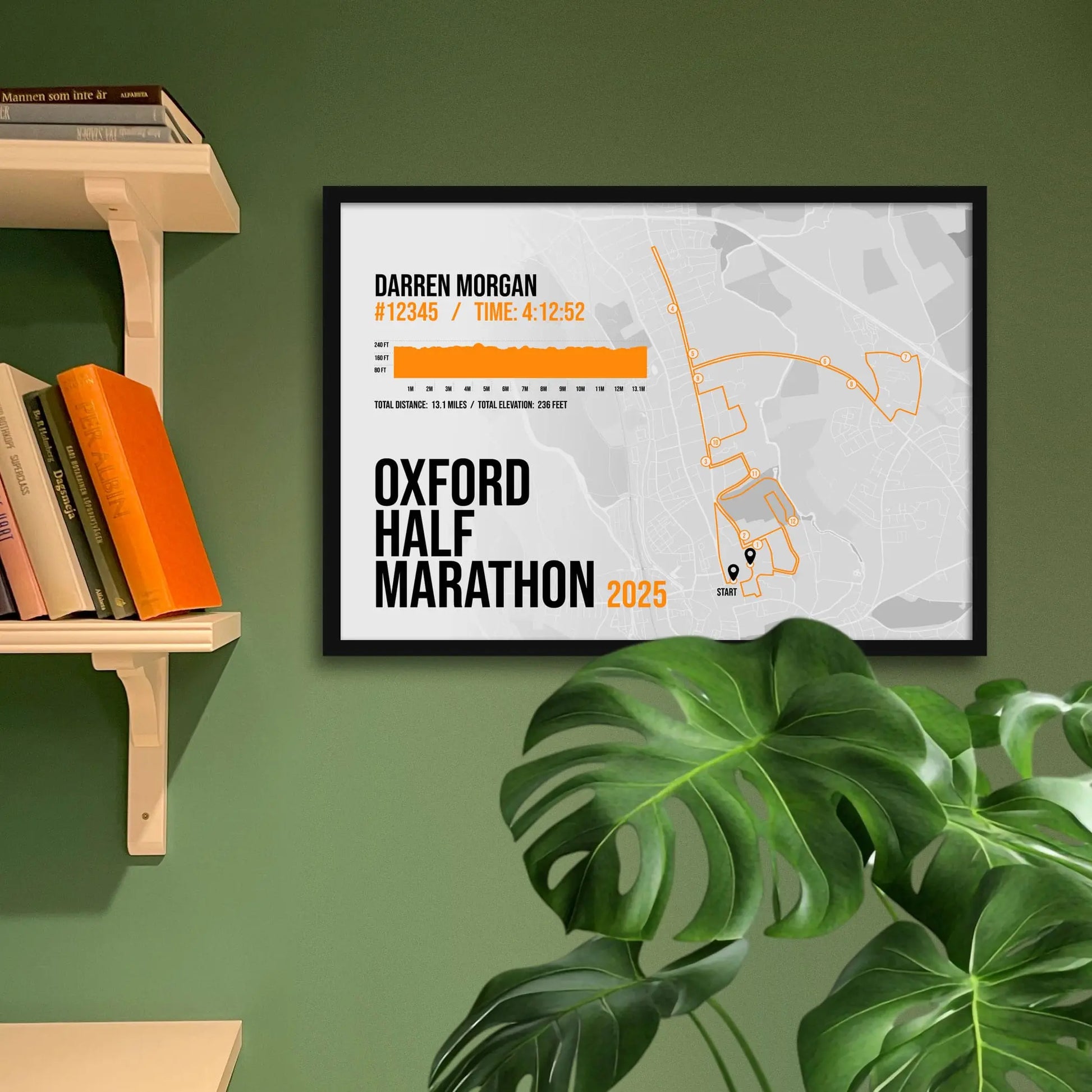 Framed art print on a green wall beside shelves.