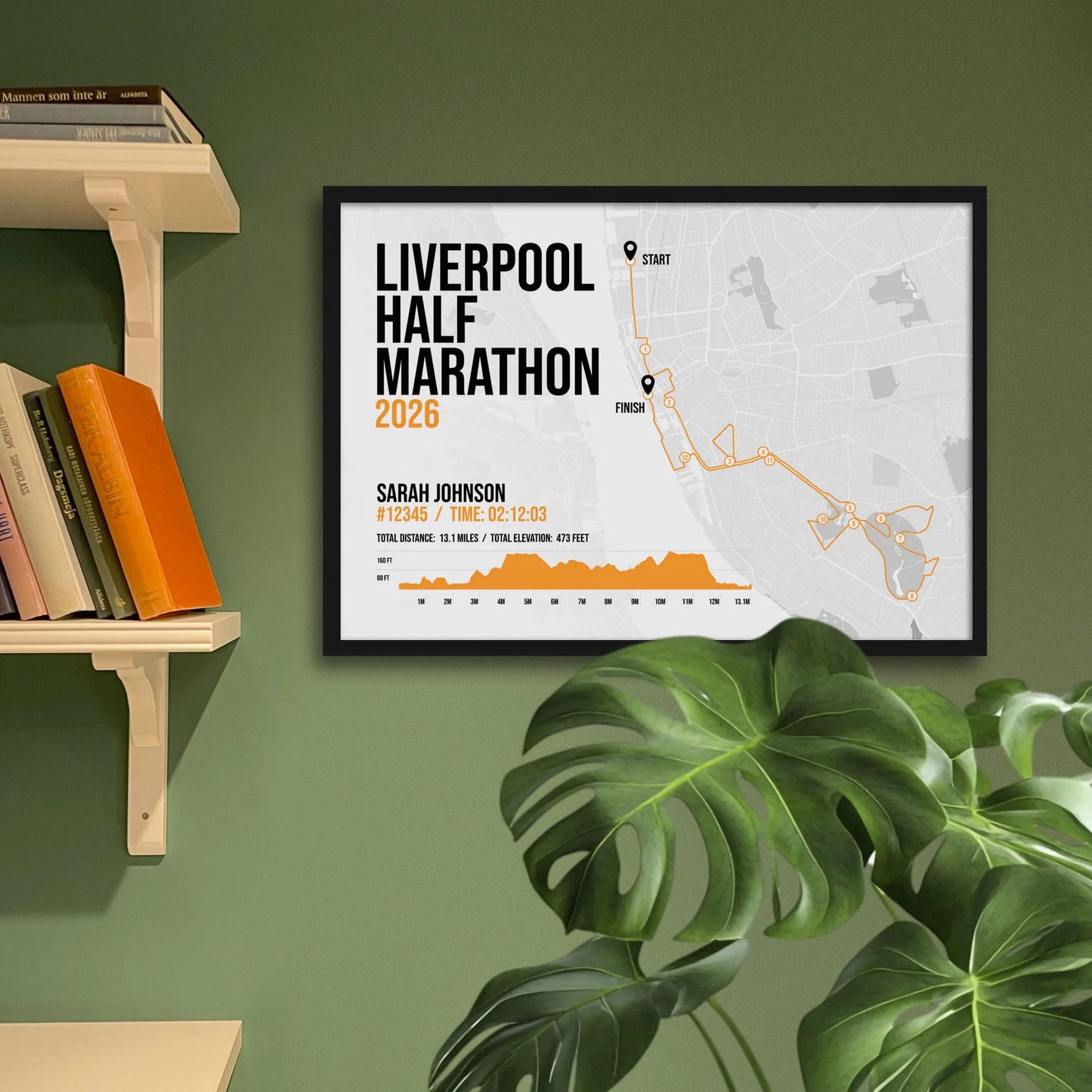 Print framed and in a black frame on a green wall beside some shelves