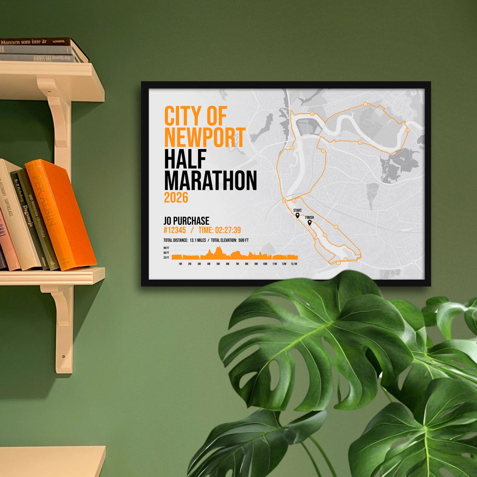 Black frame on green wall showing the Newport marathon print