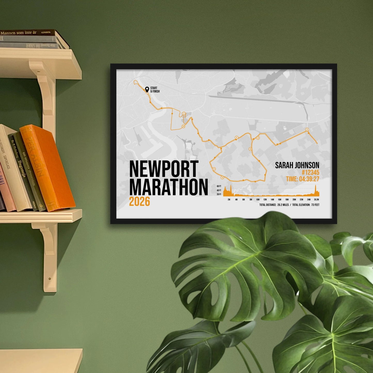 Framed print on green wall beside shelving behind a plant