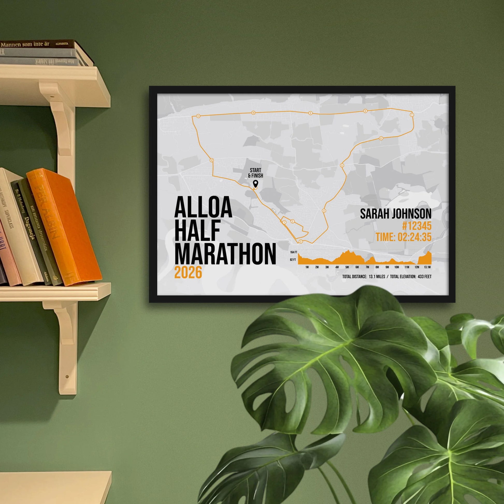 Print framed and in a black frame on a green wall beside some shelves