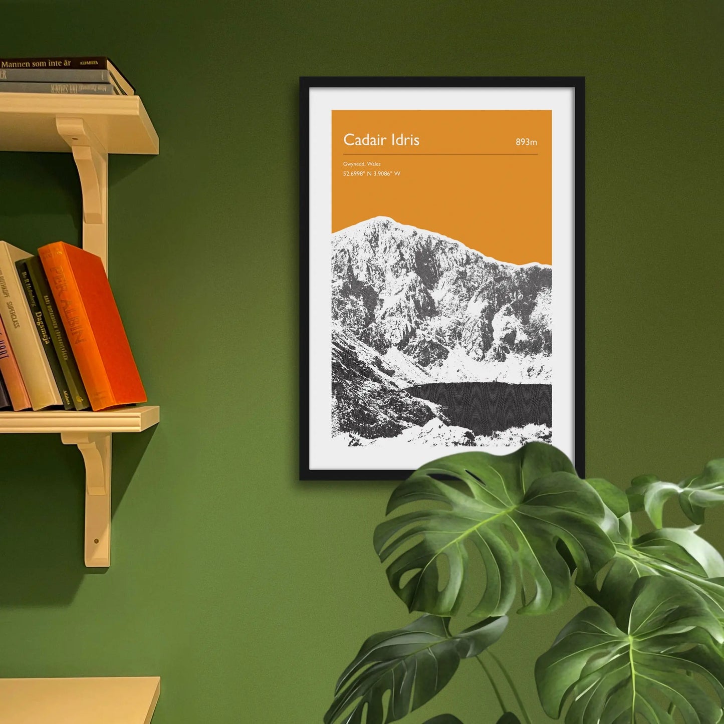 Framed art print on a green wall beside shelves.