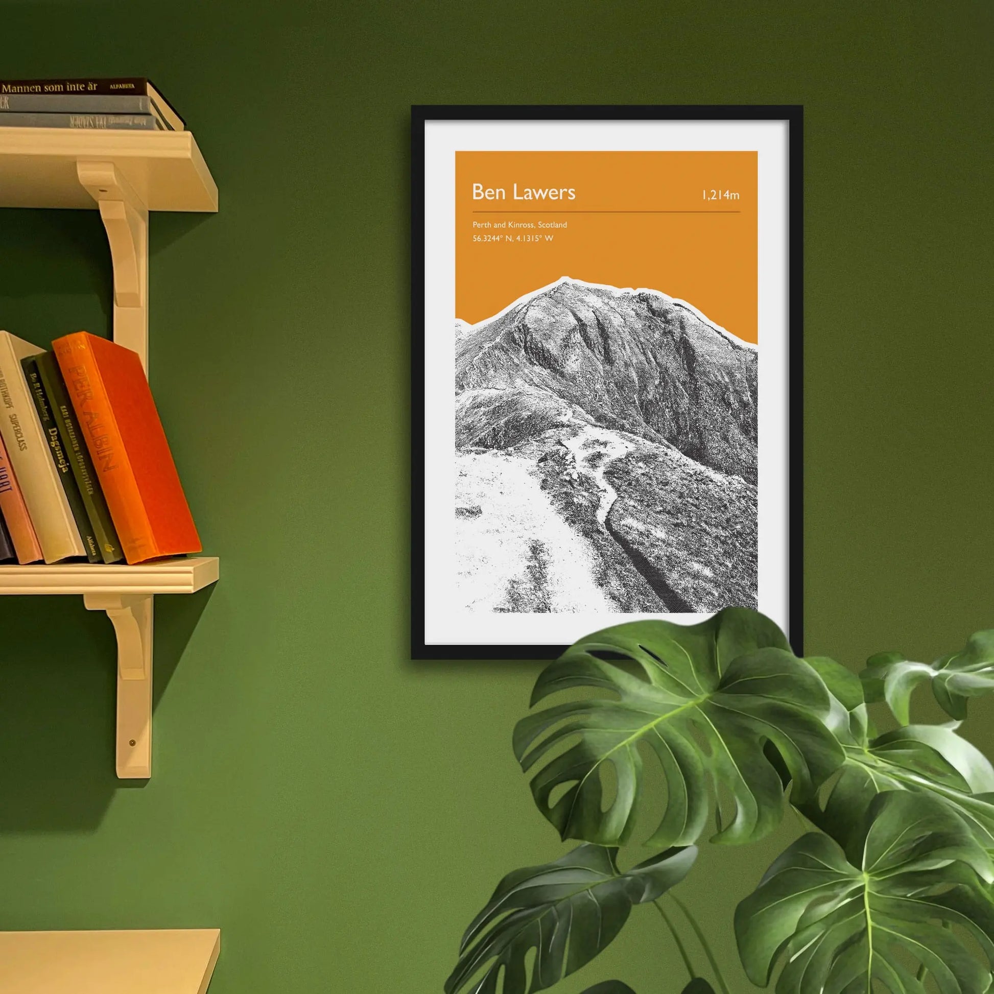 Framed art print on a green wall beside shelves.