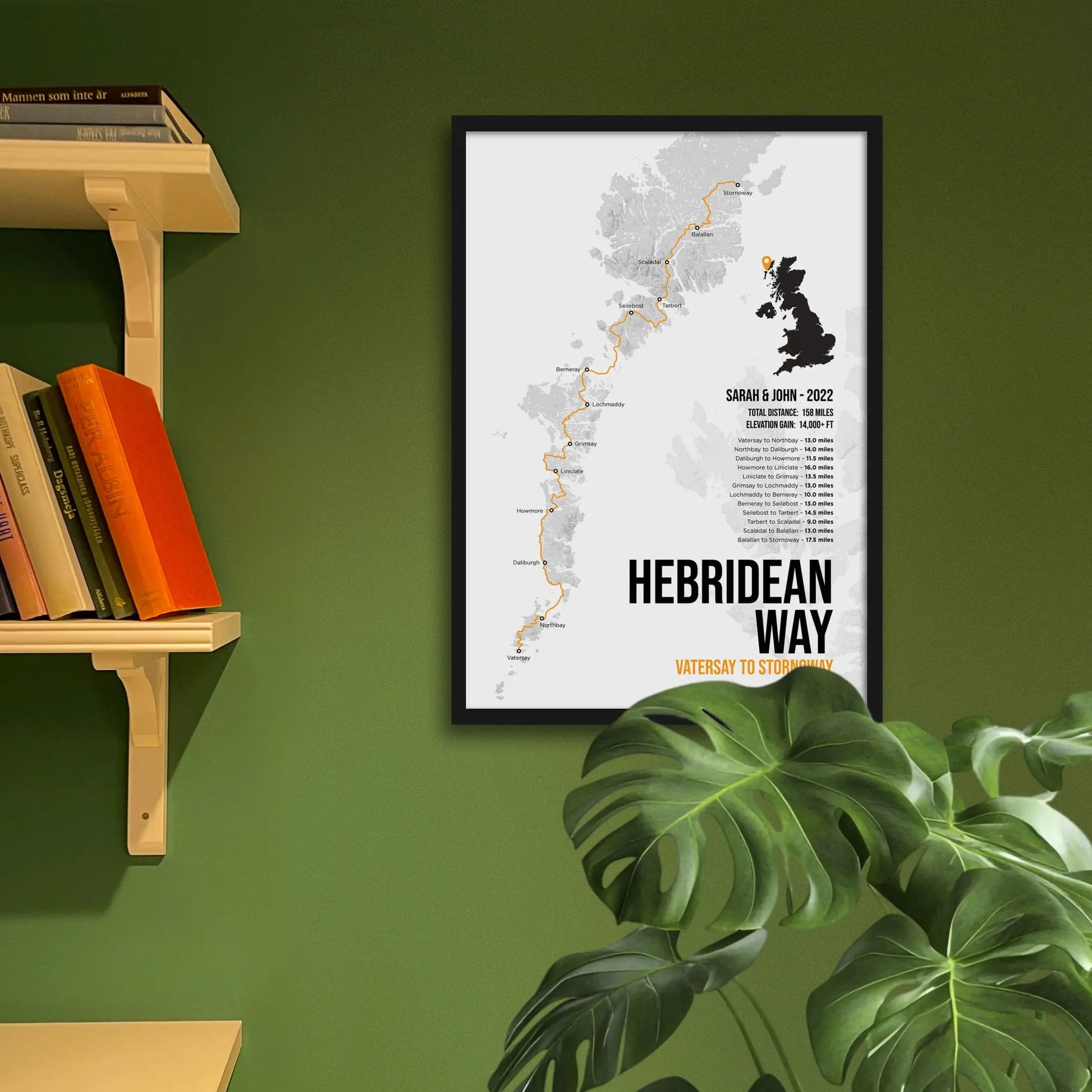 Framed print on green wall beside shelves behind houseplant.