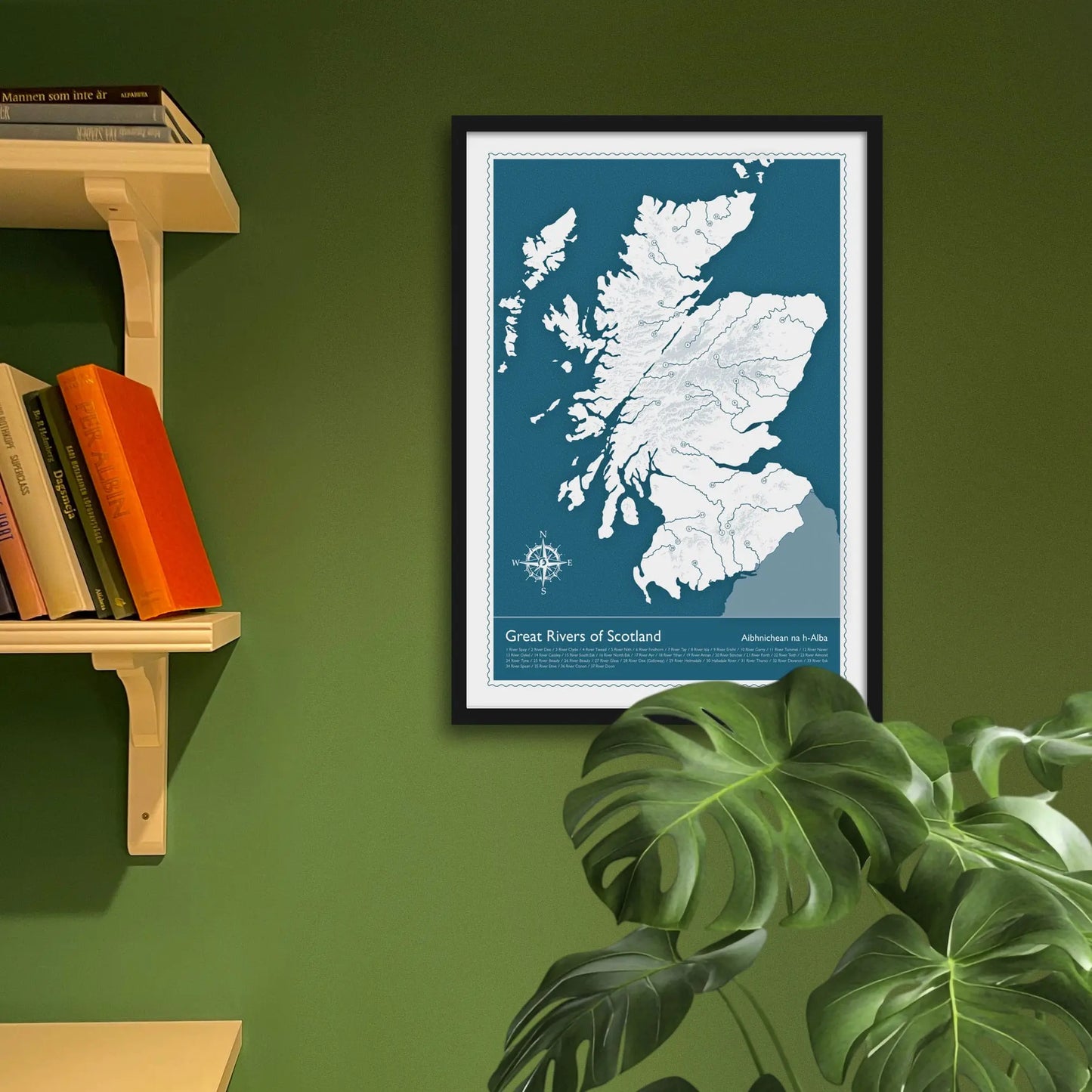 Framed art print on a green wall beside shelves.