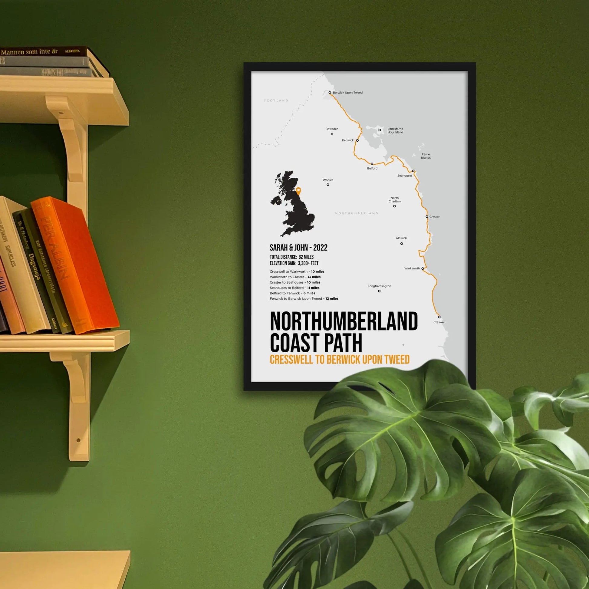 Framed print on green wall beside shelves