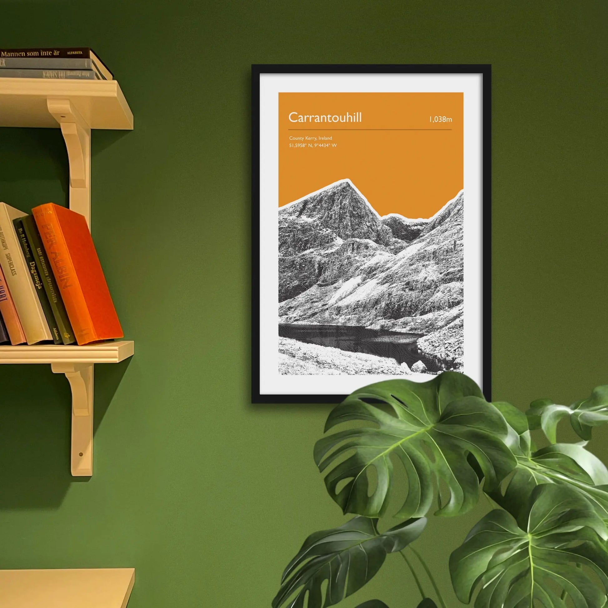 Framed art print on a green wall beside shelves.