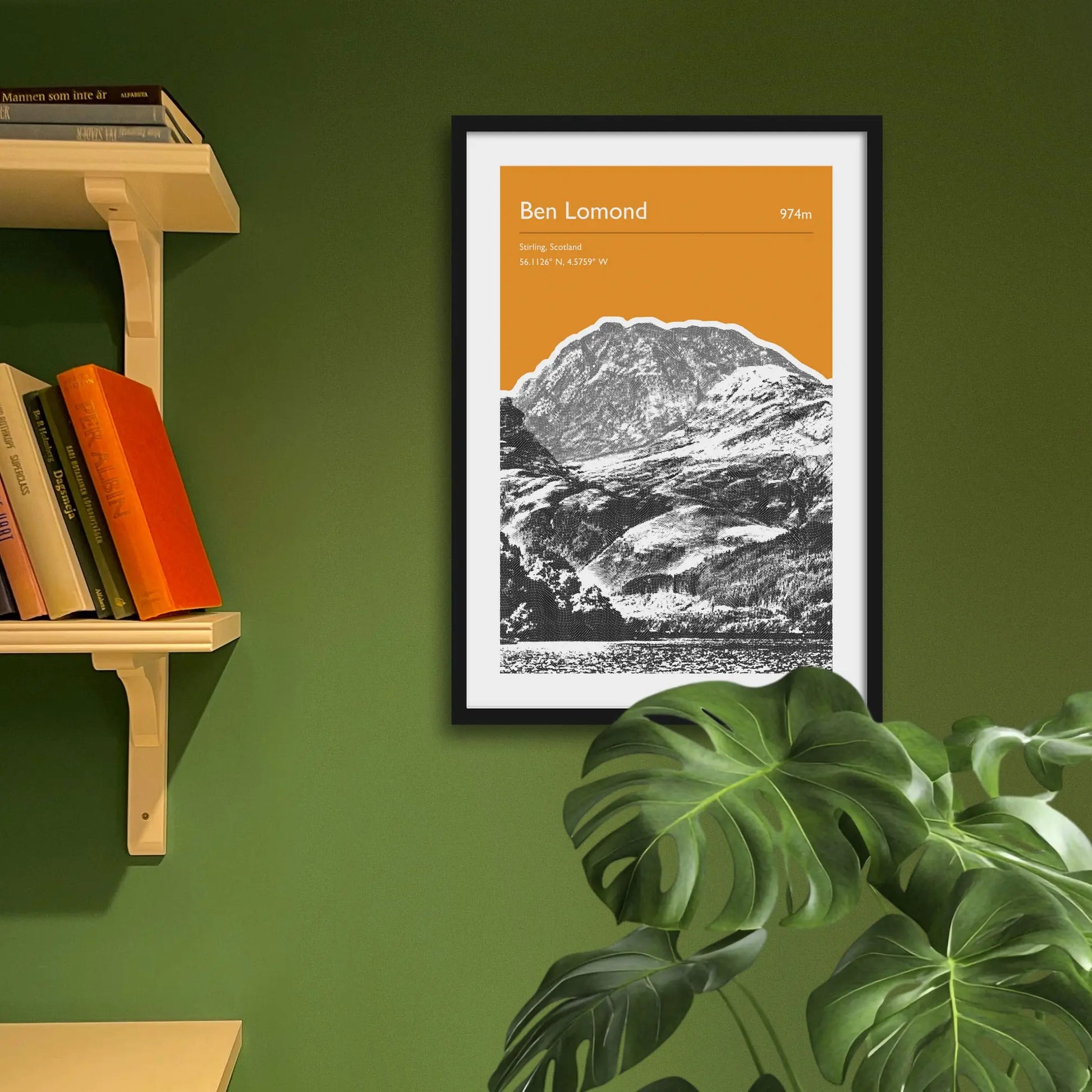 Framed art print on a green wall beside shelves.