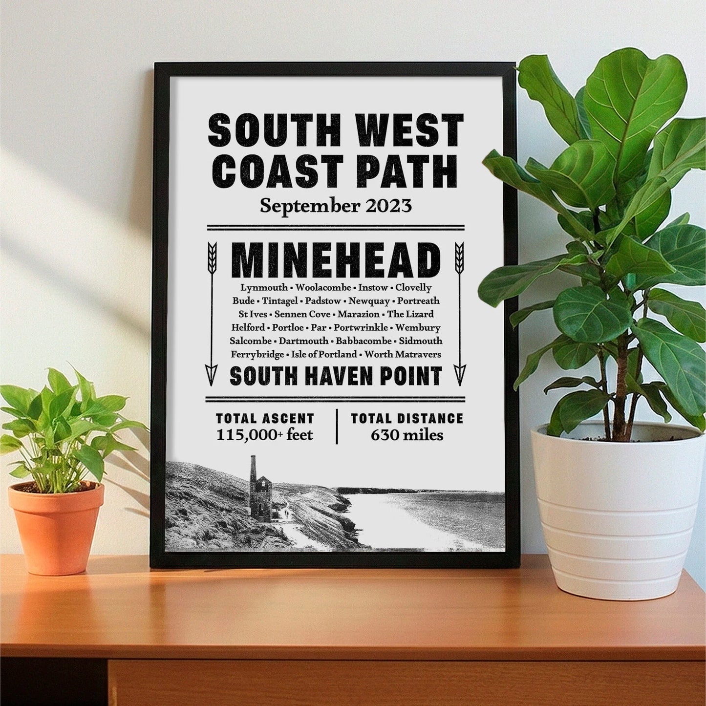 Framed print on sideboard beside a plant