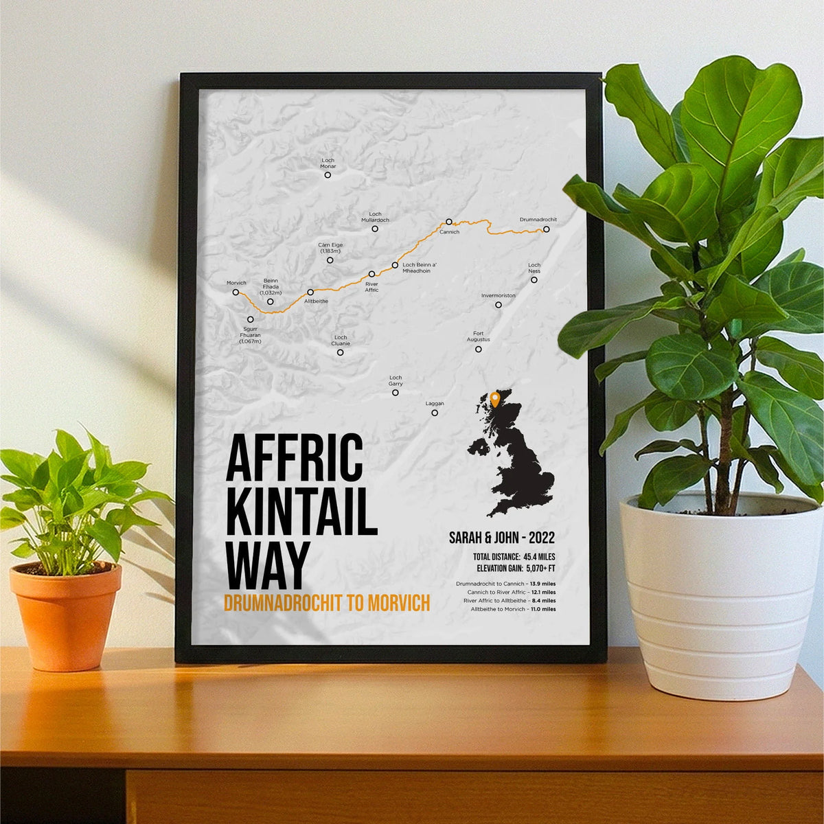 Framed print on sideboard beside a houseplant
