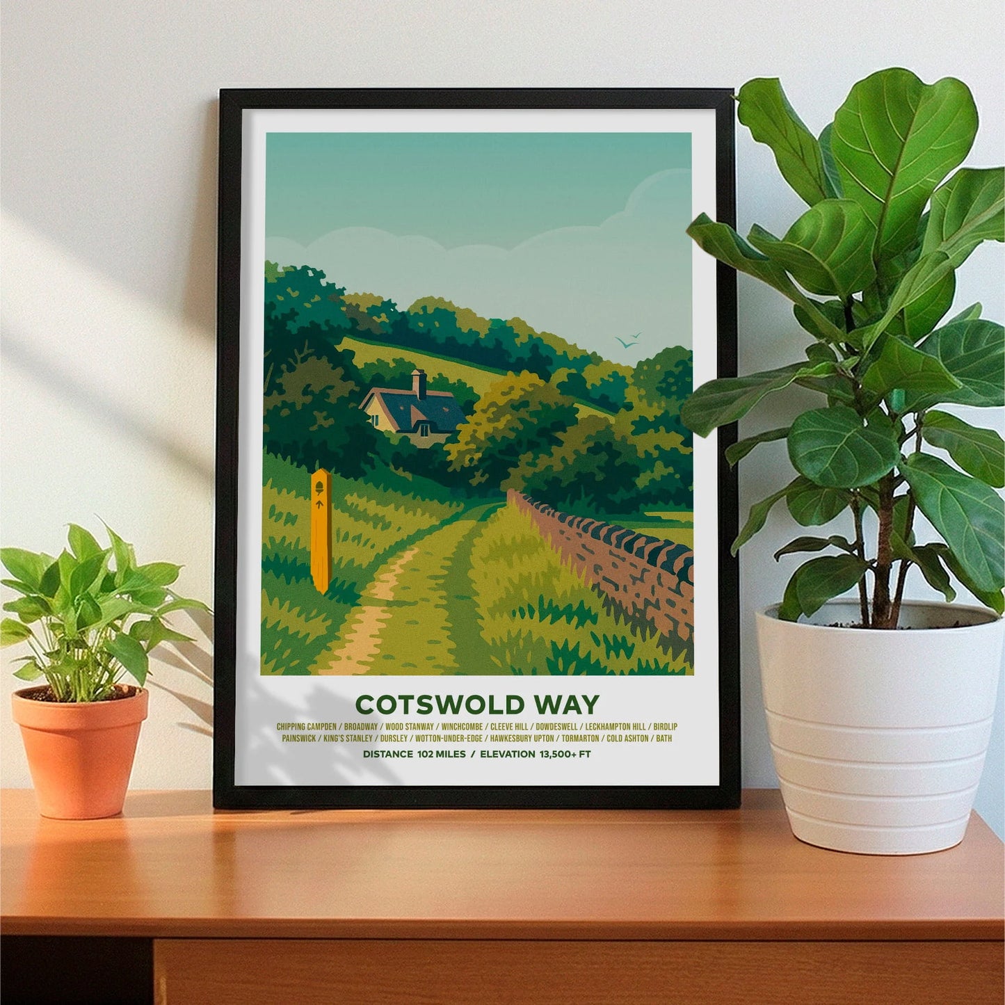 Framed print on sideboard beside a plant