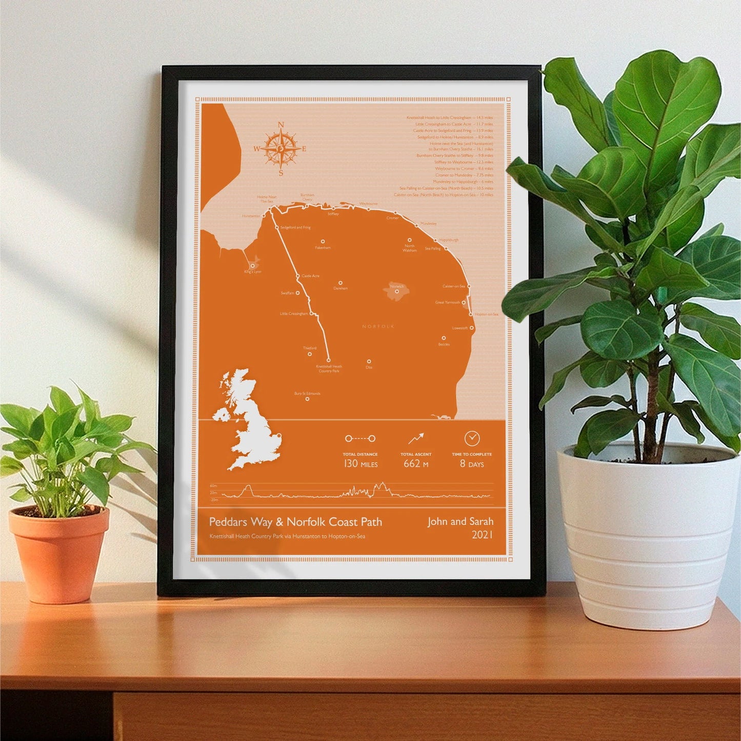 Framed print on sideboard beside a plant