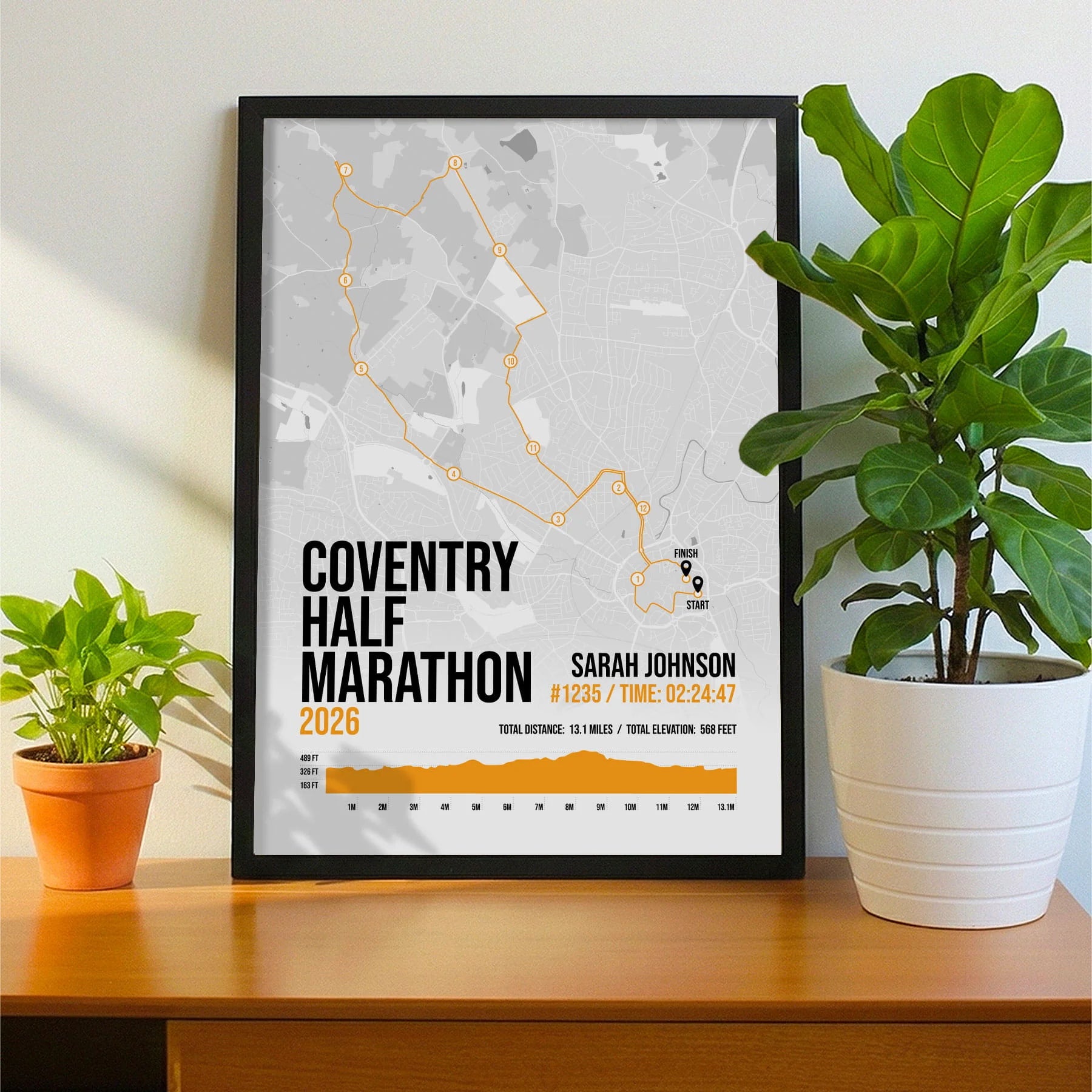 Framed print on a sideboard beside a houseplant