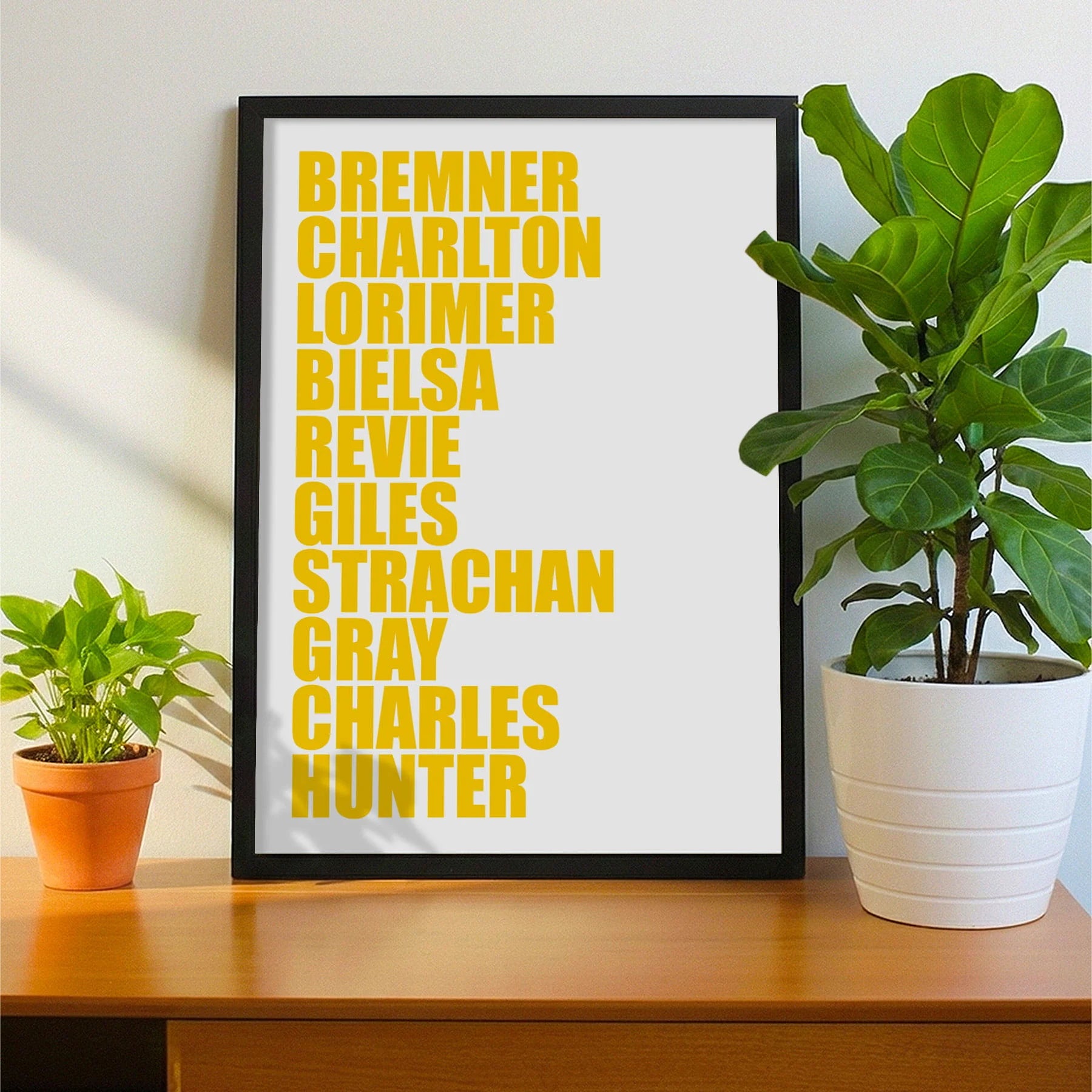 Framed print on sideboard beside a plant