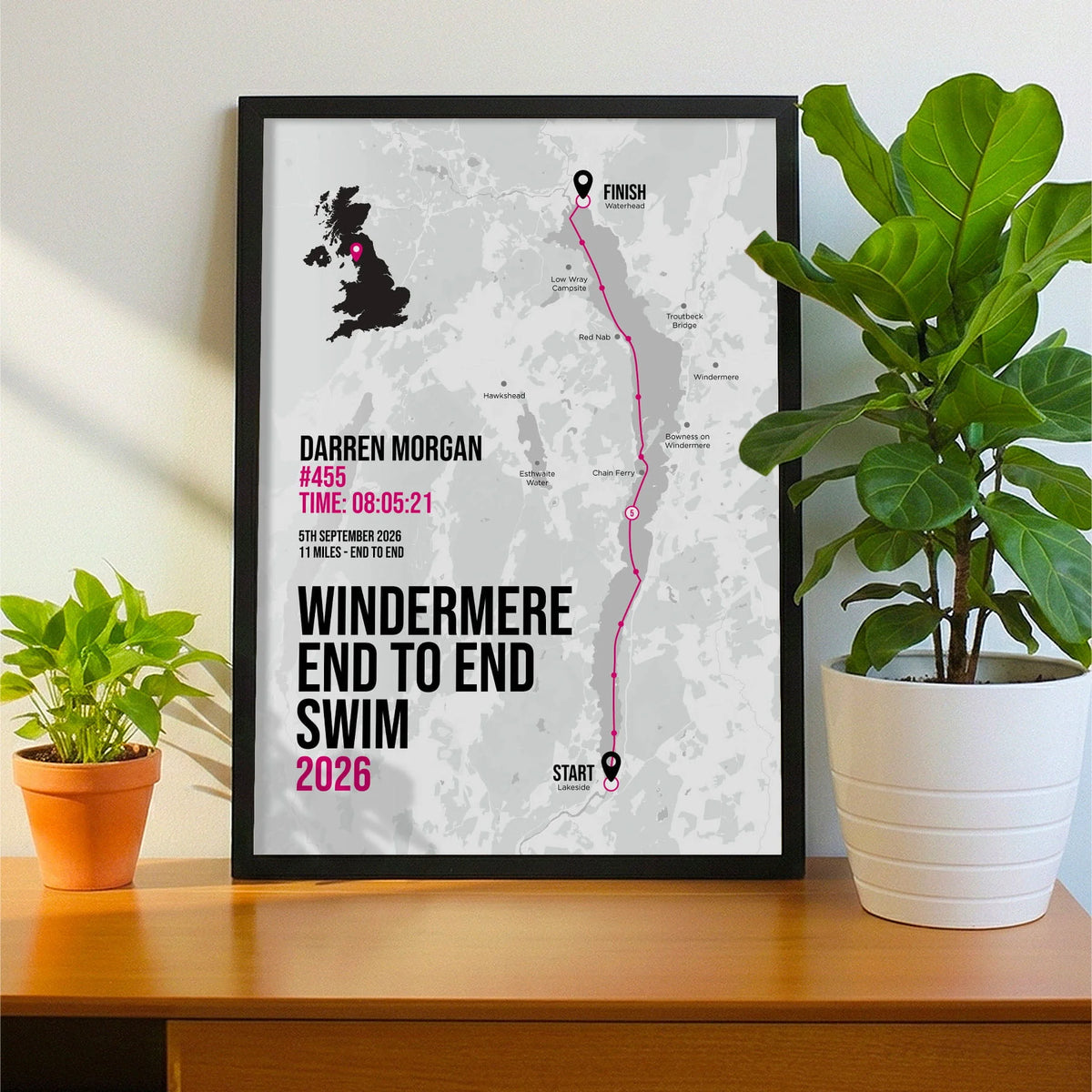 Framed print propped up on sideboard beside a houseplant